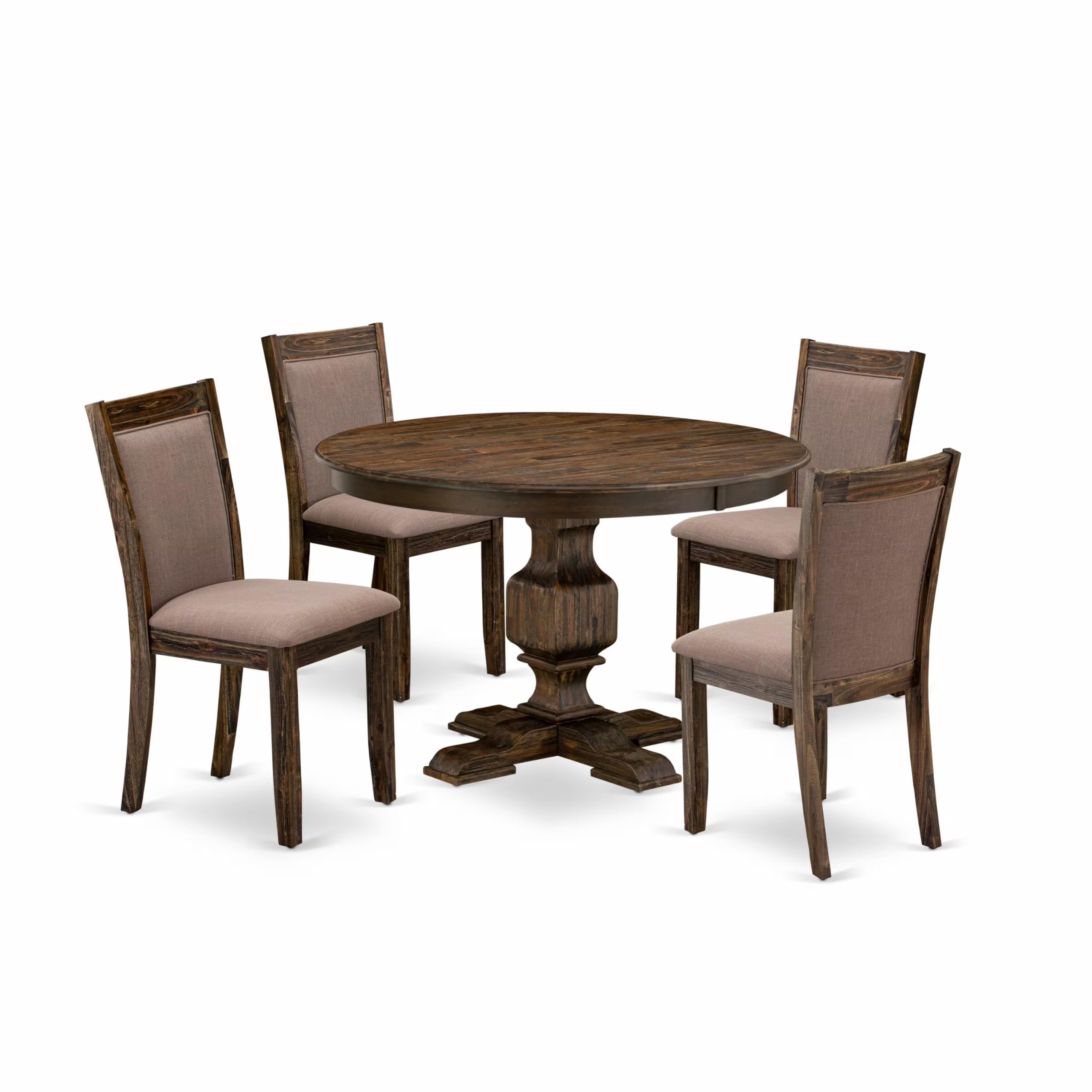 East West Furniture 5-Piece Round Dining Table Set with Pedestal Base & 4 Linen Fabric Parson Chairs, 48x48 Inch, Distressed Jacobean Finish – Perfect for Small Kitchen, Breakfast Nook, and Cozy Apartment Dining