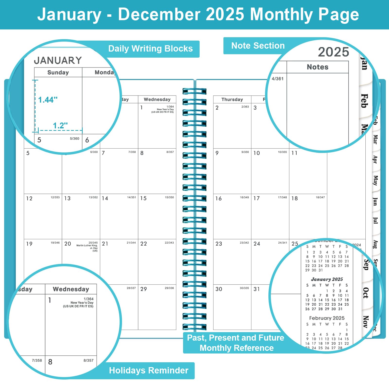 2025 Planner - Weekly & Monthly Organizer with Tabs, 6.25