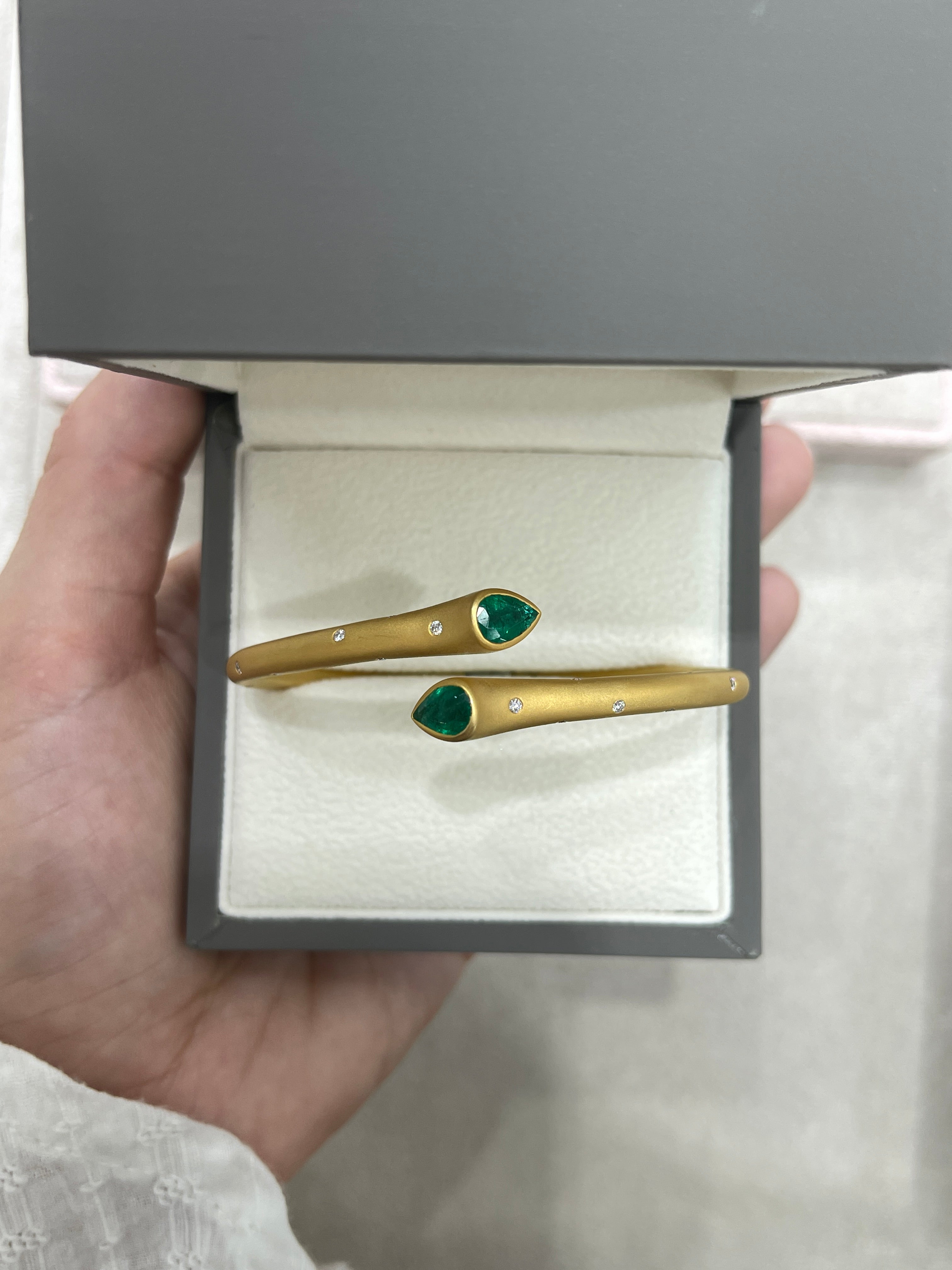 2.93tcw Pear Emerald & Diamond Bypass Cuff Bangle Bracelet in 18K Gold - Elegant Jewelry for Weddings, Parties & Special Occasions