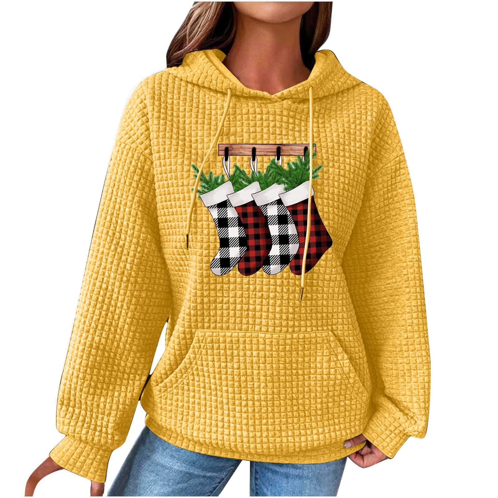 TXGMNA Women's Christmas Waffle Hoodies - Graphic Print Long Sleeve Pullover Sweatshirts with Drawstring Pocket | Cozy Casual Winter Wear for Holiday Parties & Family Gatherings