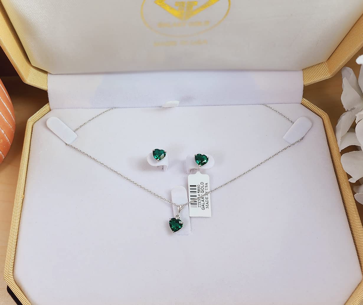 14K Solid Yellow Gold Lab-Grown Heart Emerald Necklace & Earring Set - AAA Grade Jewelry for Women | Valentine's Day Gift, Anniversary Present, Bridal Party Accessories