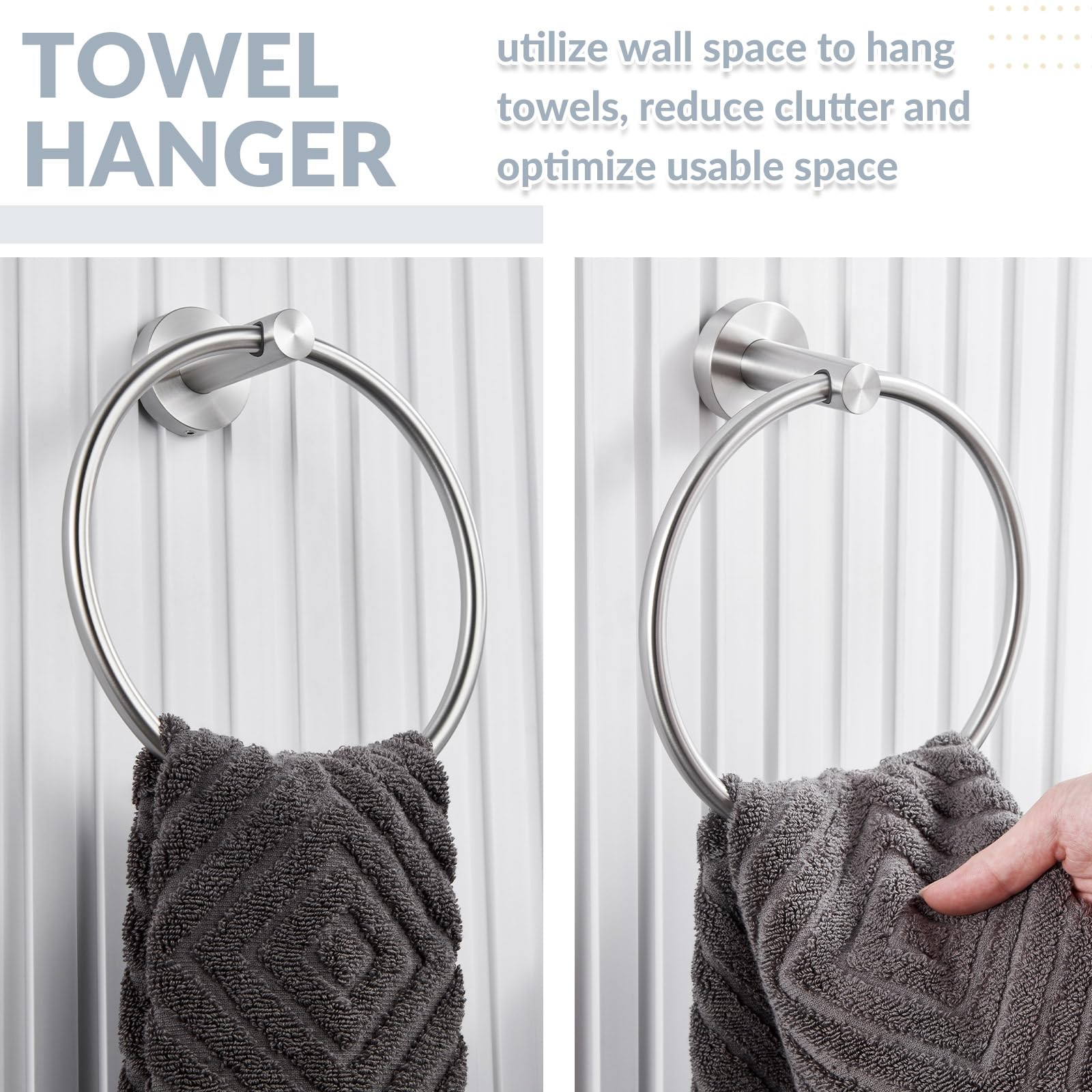 APLusee Brushed Nickel Towel Ring - 304 Stainless Steel Wall Mounted Hand Towel Holder for Bathroom & Kitchen - Single Round Swivel Hanger - Perfect for Small Spaces & Guest Bathrooms