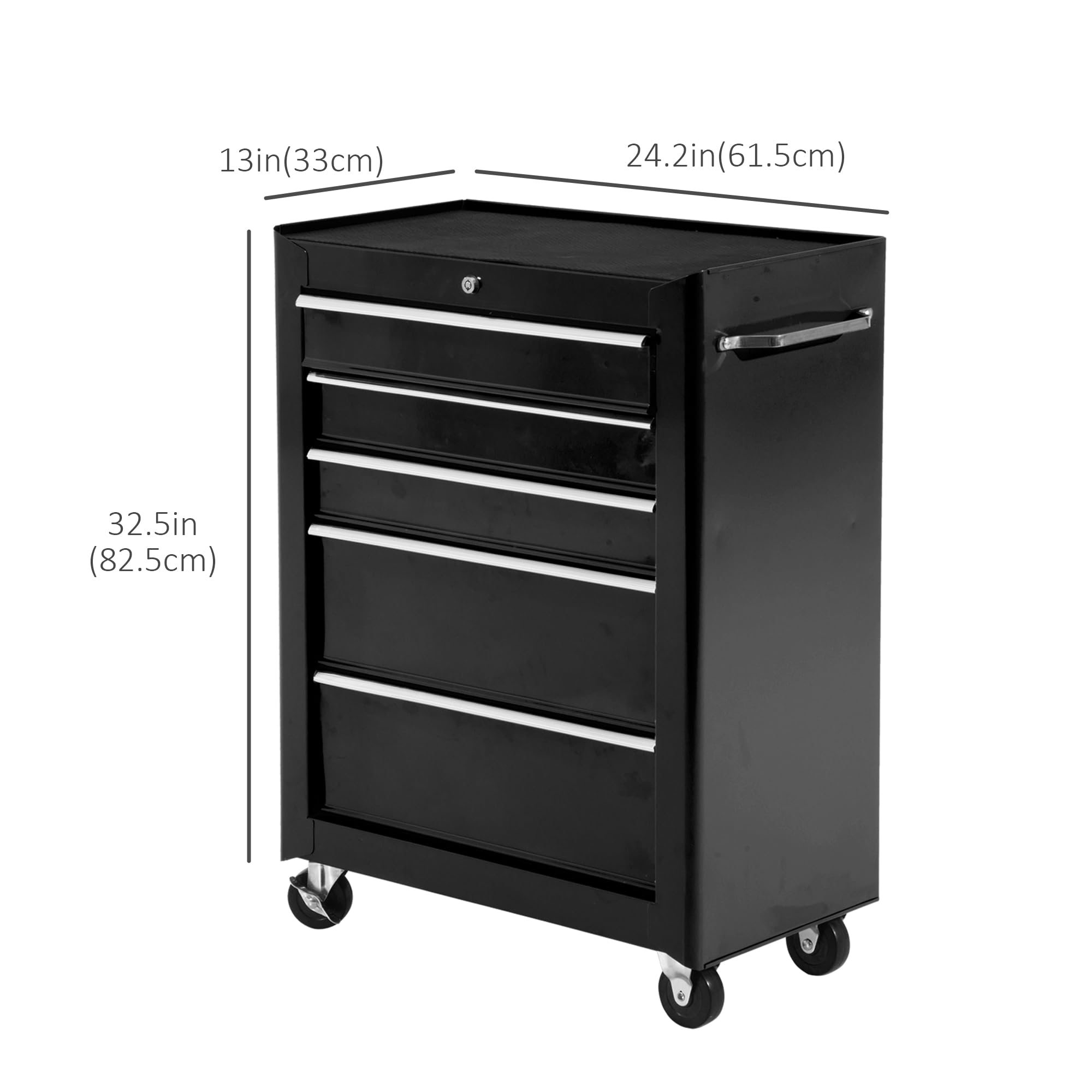 HOMCOM 5-Drawer Rolling Tool Chest with Lock, Heavy-Duty Tool Cabinet with 4 Universal Wheels for Garage, Workshop & Factory Storage - Black | Perfect for DIY Projects, Auto Repair & Professional Tool Organization