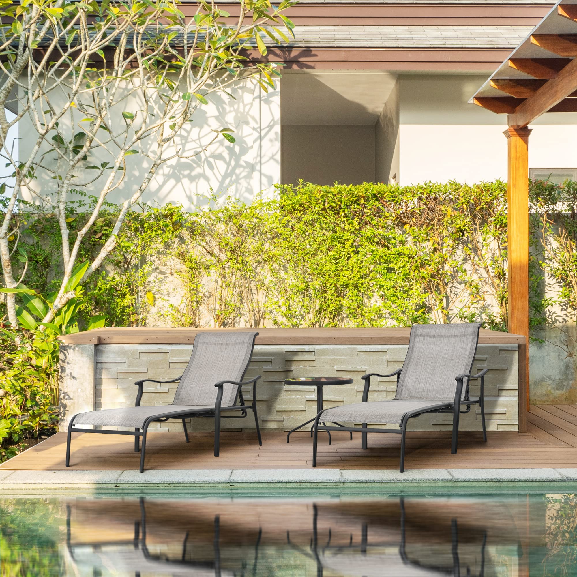 3-Piece Patio Chaise Lounge Set with Glass Coffee Table - Breathable Textilene Fabric Poolside Chairs for Backyard, Outdoor, Garden & Beach Relaxation (Gray)