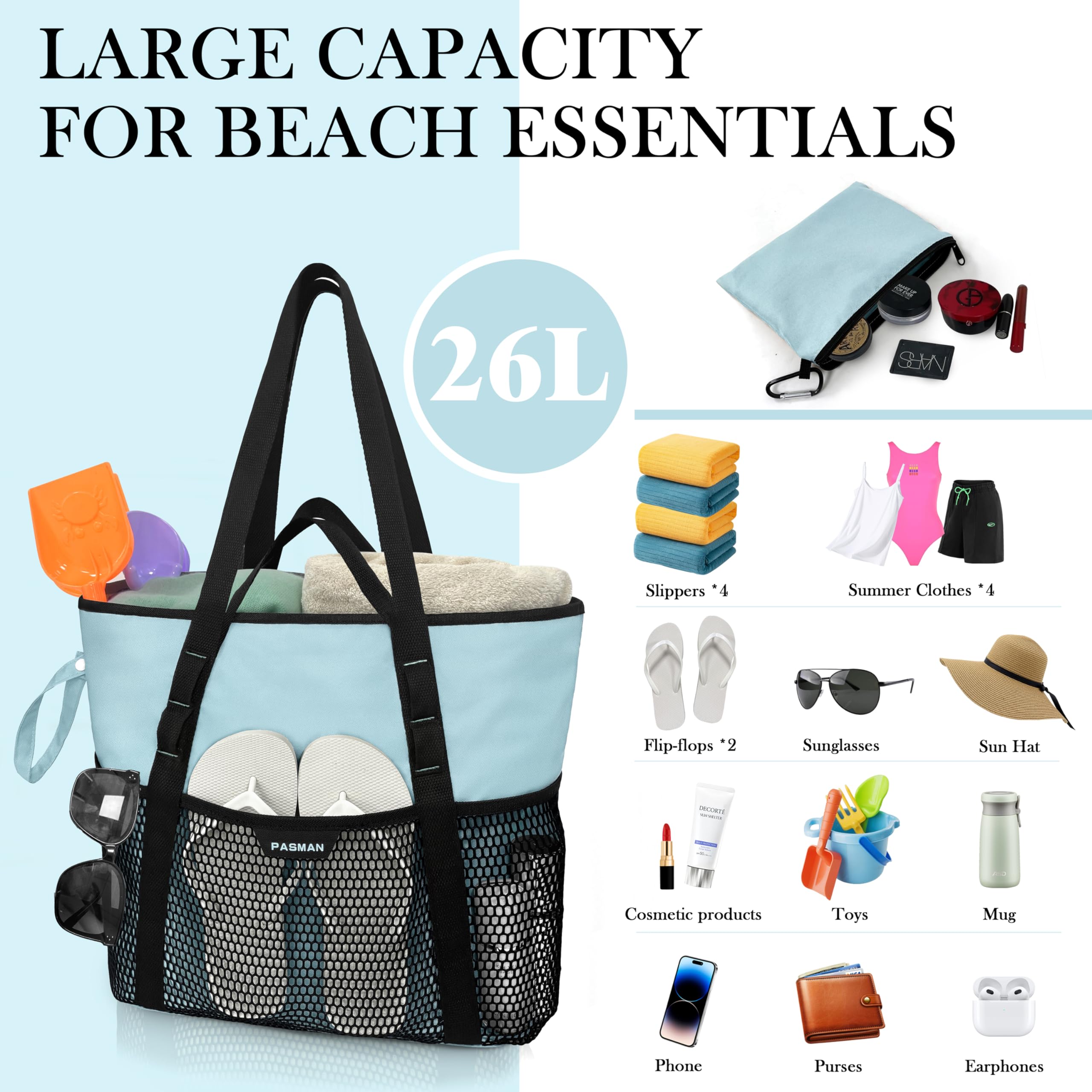 Waterproof Beach Bag with Zipper - 8 Pockets Sandproof Foldable Lightweight Tote for Women, Large Family Swim Bag for Vacation, Pool, Travel & Outdoor Activities