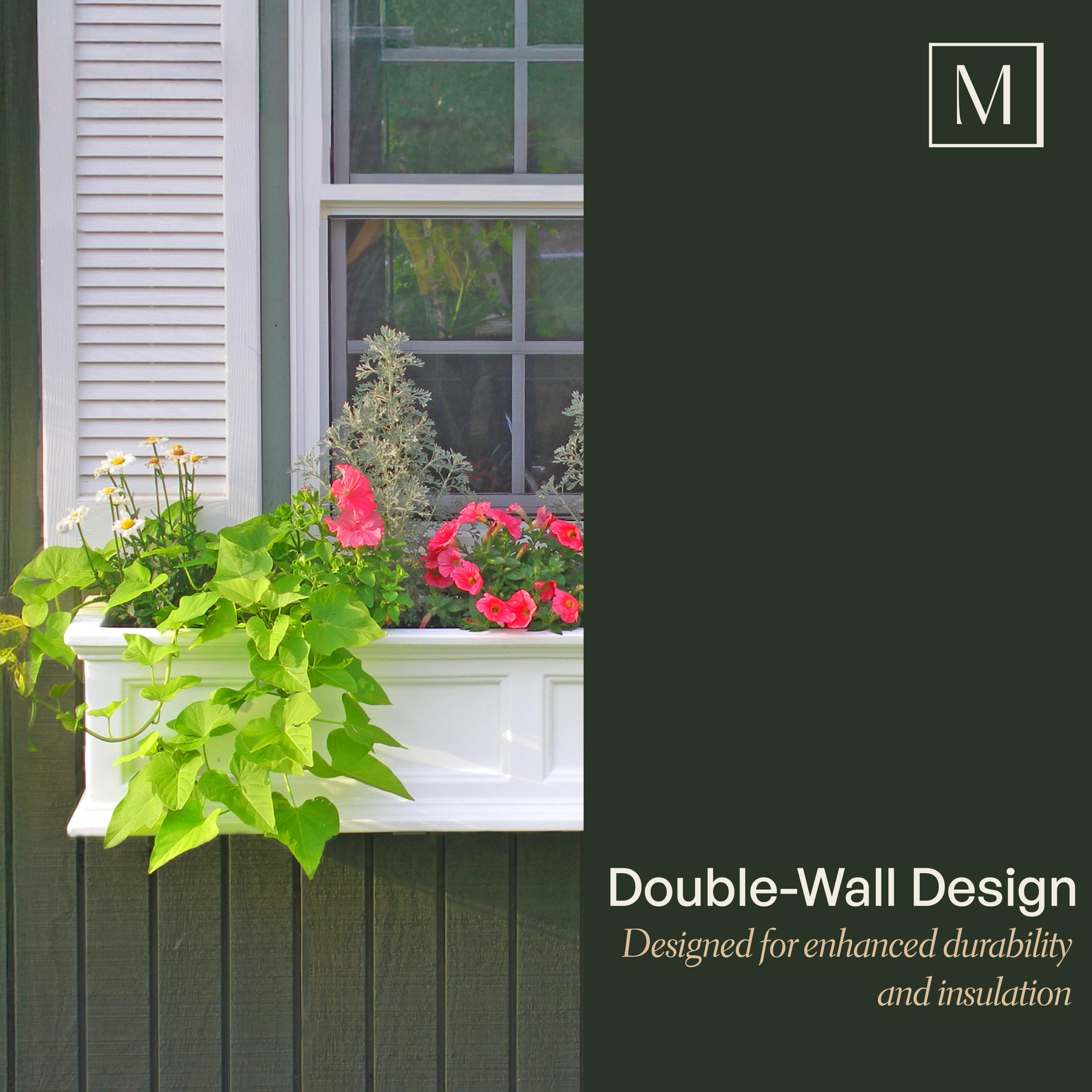Mayne Fairfield 4ft White Window Box Planter - Durable Self-Watering Resin Flower Box with Wall Mount Brackets - Outdoor Garden Decor for Windows, Balconies & Patios (5823-W)