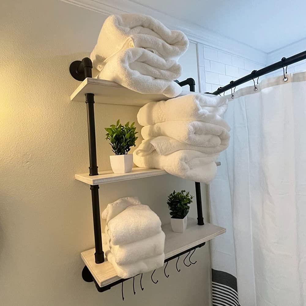 ROGMARS 3-Tier Industrial Pipe Shelving - 24 Inch Rustic Farmhouse Bathroom Wall Shelf with Towel Bar, Retro White - Perfect for Over Toilet Storage, Bathroom Organization & Farmhouse Decor