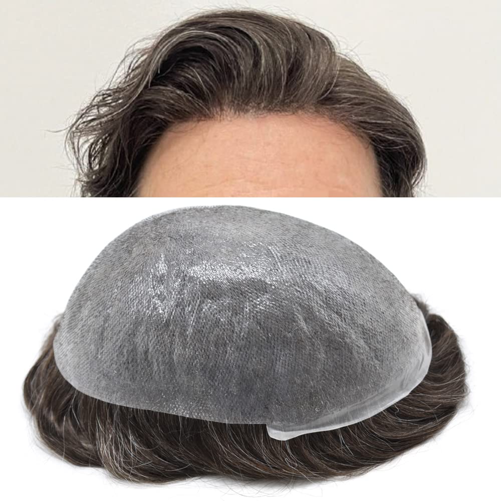 Ultra-Thin 0.06mm-0.08mm Poly Skin Men's Toupee Hair Replacement System - Natural Invisible V-Looped Human Hairpiece (8x10 Inch, Dark Brown #3, 100% Light-Medium Density) for Daily Wear & Special Occasions