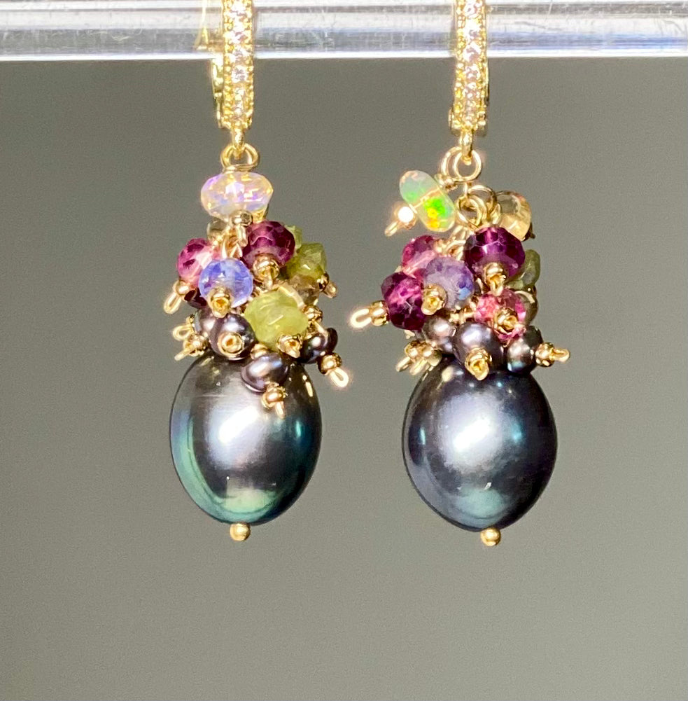 14K Gold Filled Gray Pearl Earrings with Gemstone Clusters - Elegant Jewelry for Weddings, Parties & Special Occasions