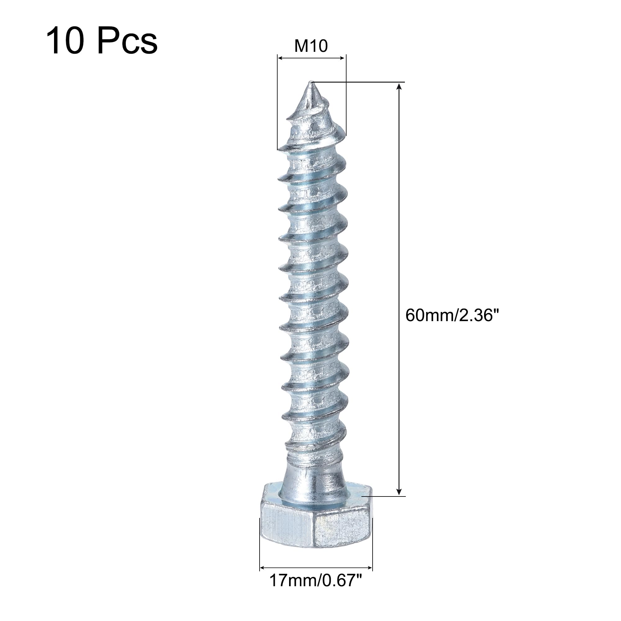 Hex Lag Screws M10x60mm Zinc Plated - Wood Screws 10Pcs for Decking & Furniture