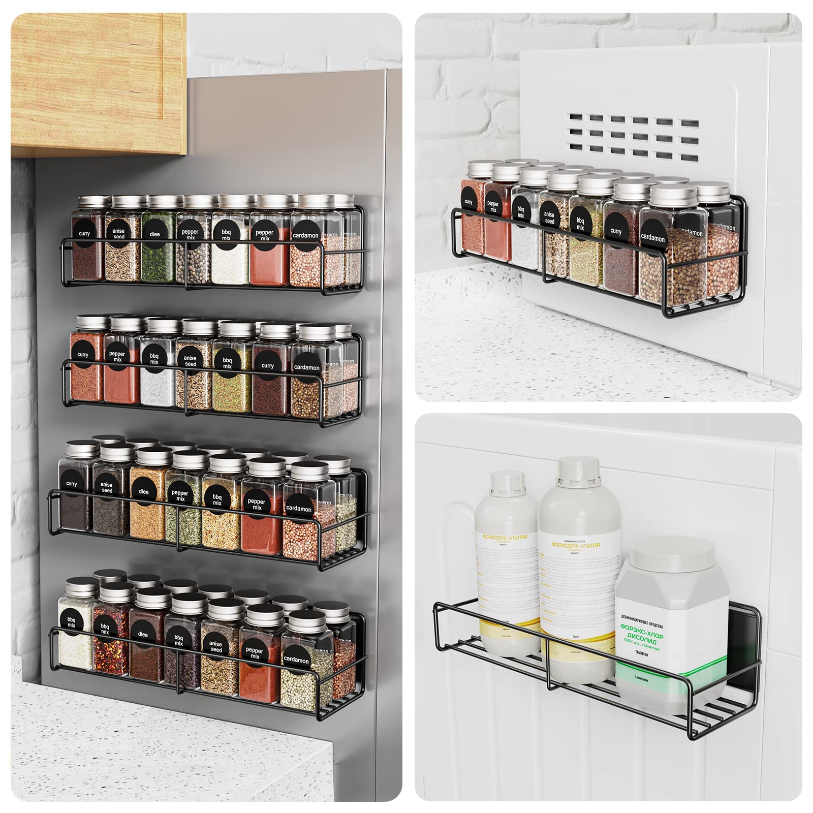 4 Pack Magnetic Spice Rack for Refrigerator - Strong Magnetic Shelf Organizer for Kitchen Storage (Black) | Perfect for Spices, Condiments & Small Jars in Fridge or Pantry