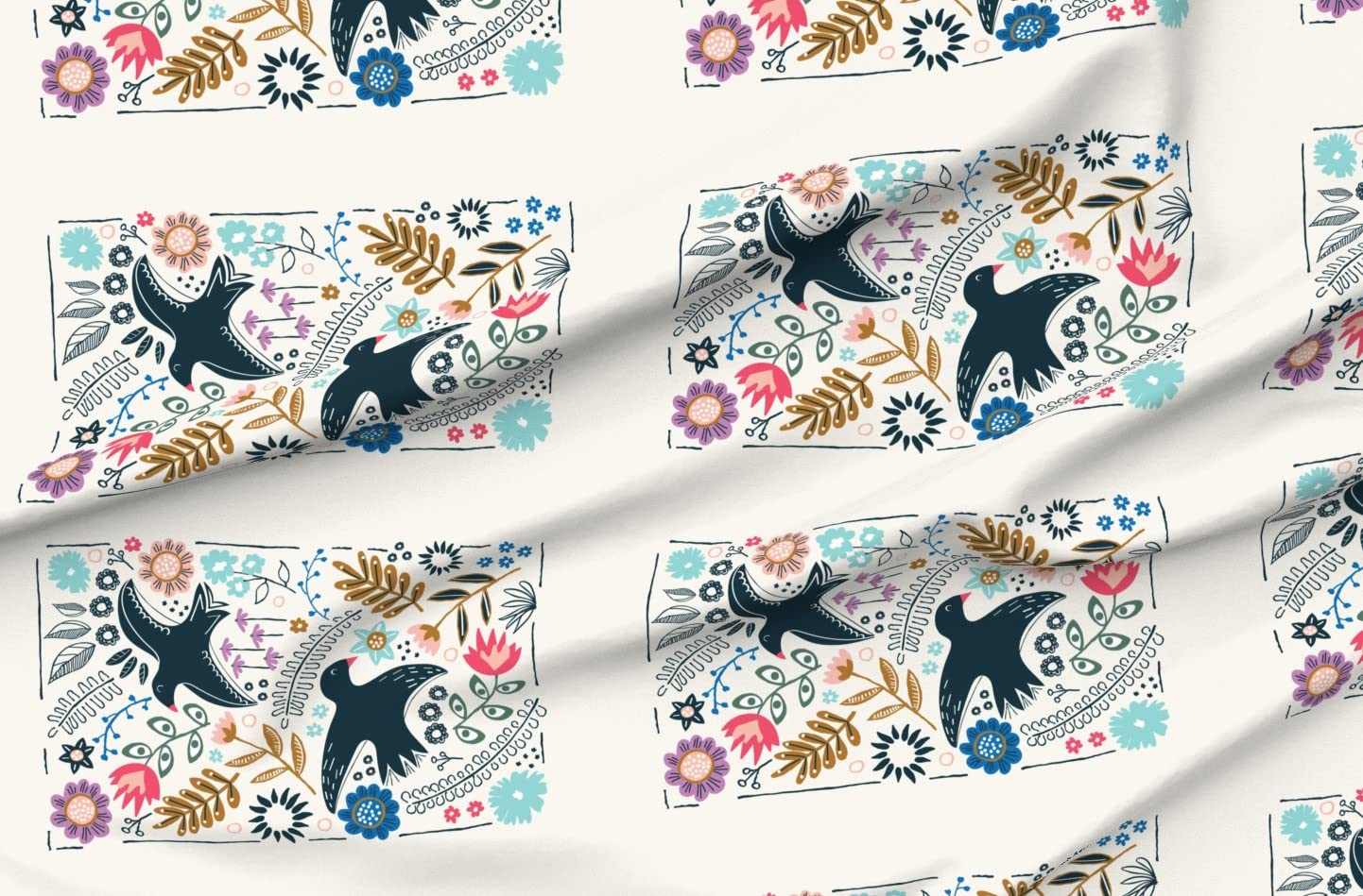Scandinavian Folk Art Tea Birds Flowers Printed Minky Fabric by The Yard - Colorful Bright Nature Flora Cotton Blend for Sewing Baby Blankets, Quilt Backing & Plush Toys - Perfect for DIY Nursery Decor, Soft Blankets & Cozy Home Projects