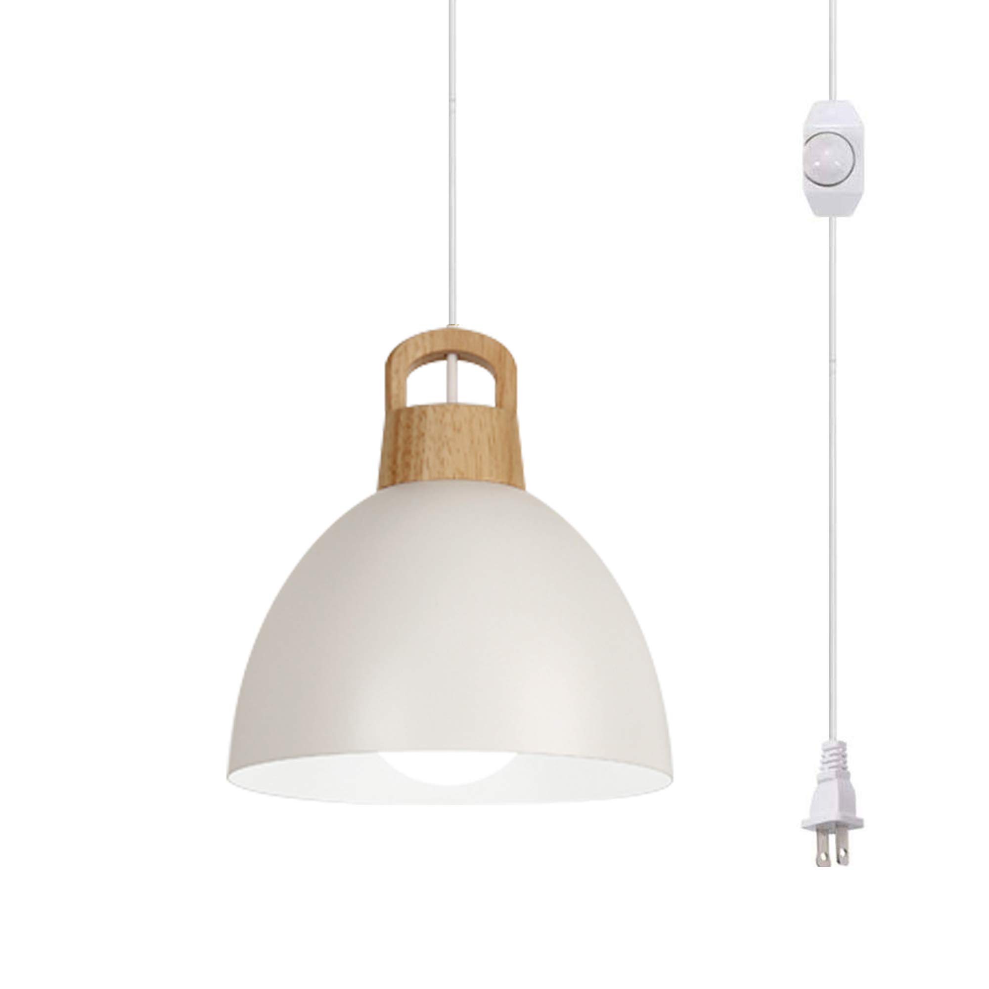 Plug-in Hanging Swag Lamp with 15ft Cord - No Wiring Needed Wooden E26 Socket Pendant Light with UL Certified On/Off Dimmer Switch - Nordic Minimalist Iron Macaron White Bedside Lamp for Living Room, Bedroom & Dorm Decor