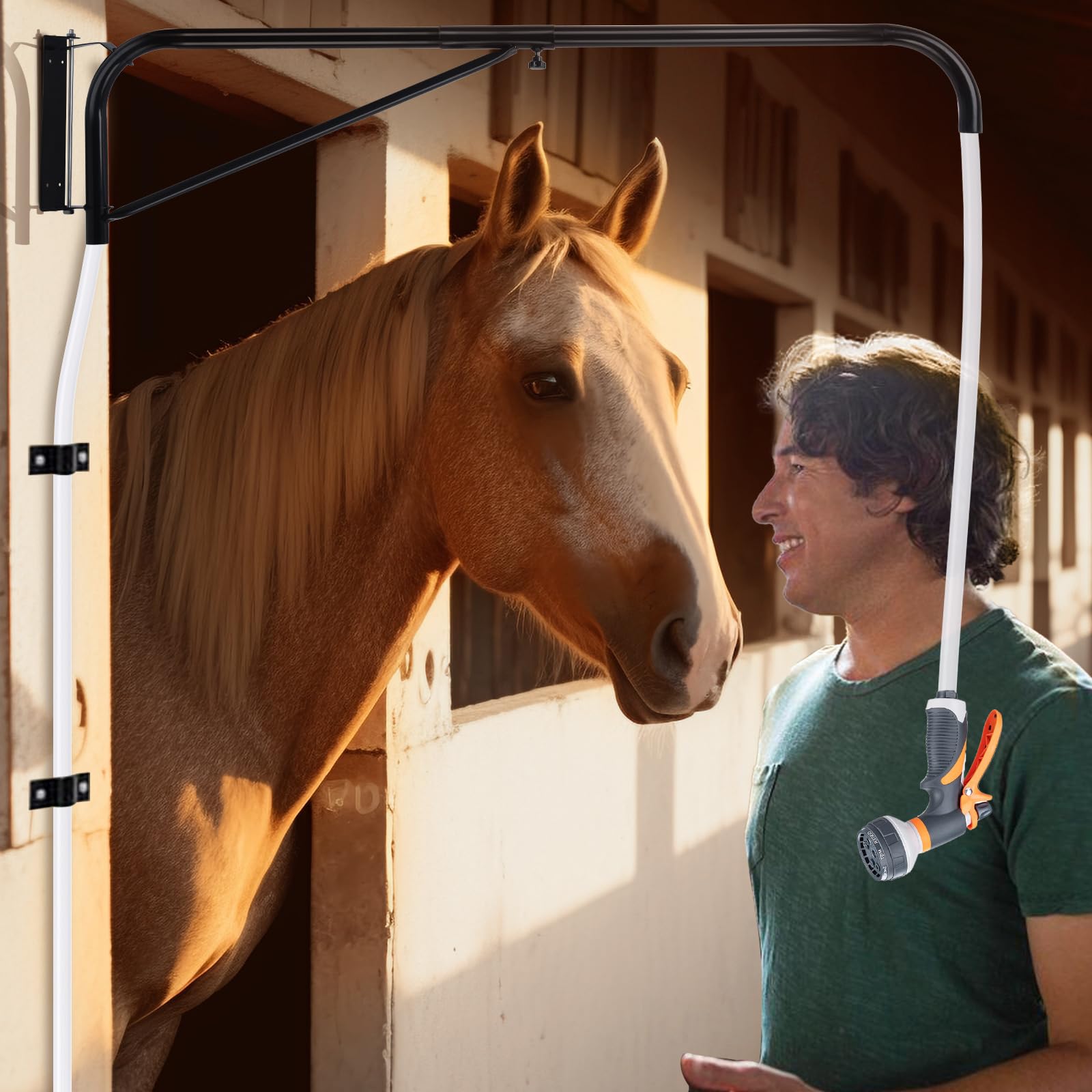 **Horse Wash Stall Hose Boom - 180° Swivel Wall Mount Hose Boom Arm for Horse Washing, Prevents Tangling & Trampling, Fits Standard Garden Hose (Hose Not Included) - Ideal for Stable, Barn & Equine Care**