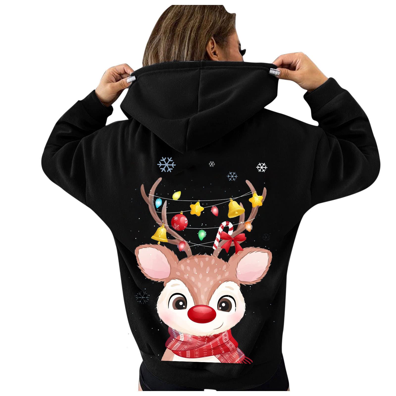 Women's Christmas Hoodies - Long Sleeve Cute Elk Print Pullover Sweatshirt with Pocket & Drawstring | Casual Winter Wear for Holiday Parties & Cozy Home