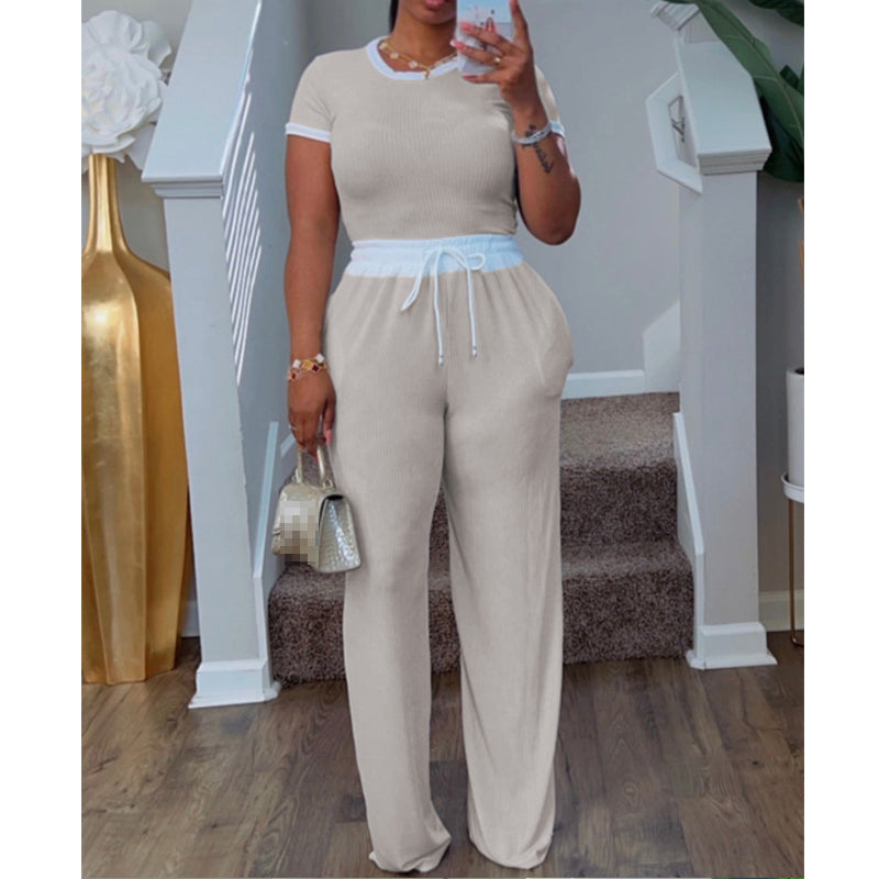 Stylish Ribbed Contrast Two-Piece Suit for Women - Trendy Office Wear & Evening Outfits
