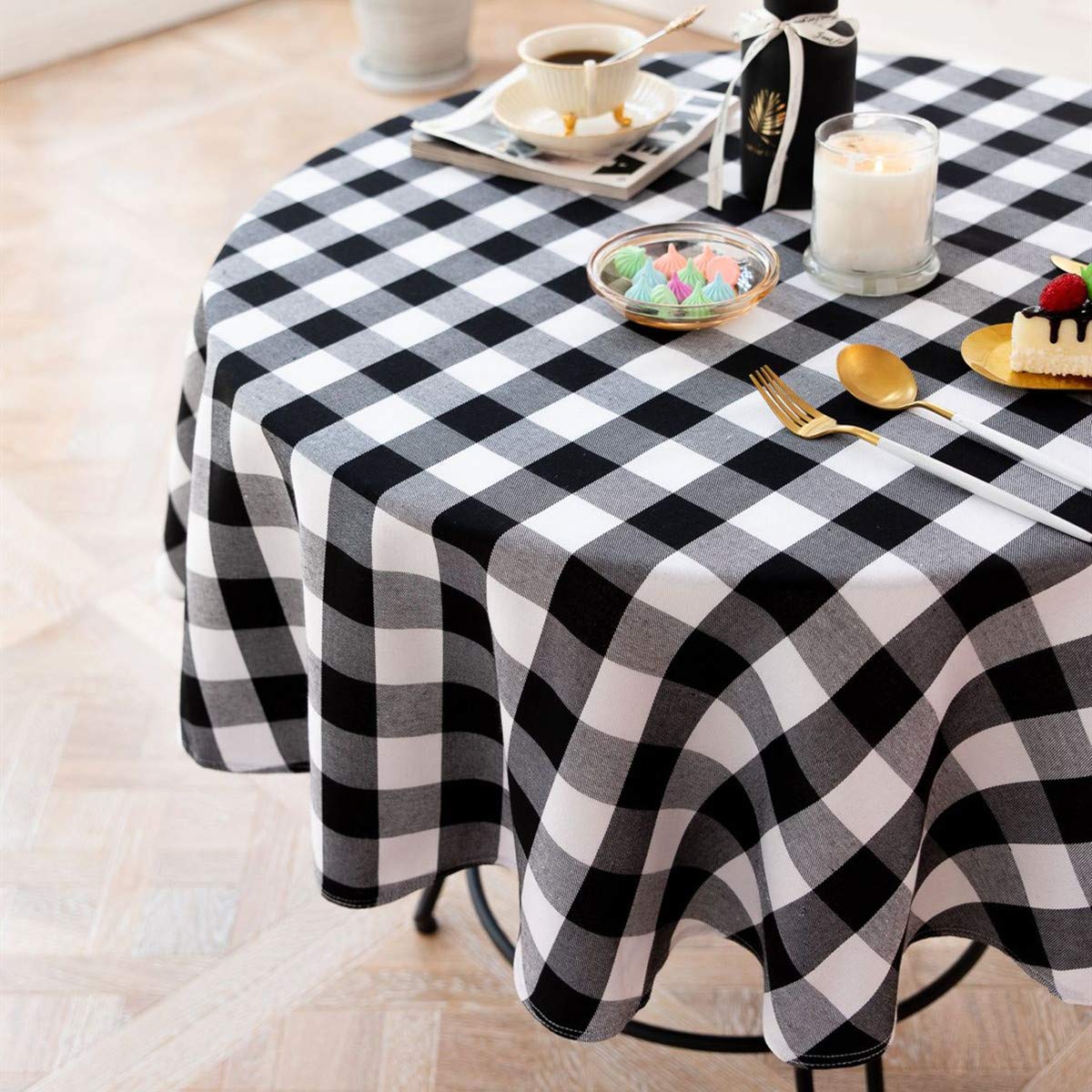 70 Inch White & Black Buffalo Plaid Round Tablecloth - Cotton Linen Checkered Table Cover for Farmhouse, Dining Room, Kitchen Decor | Perfect for Holiday Dinners, Rustic Weddings & Cozy Home Gatherings