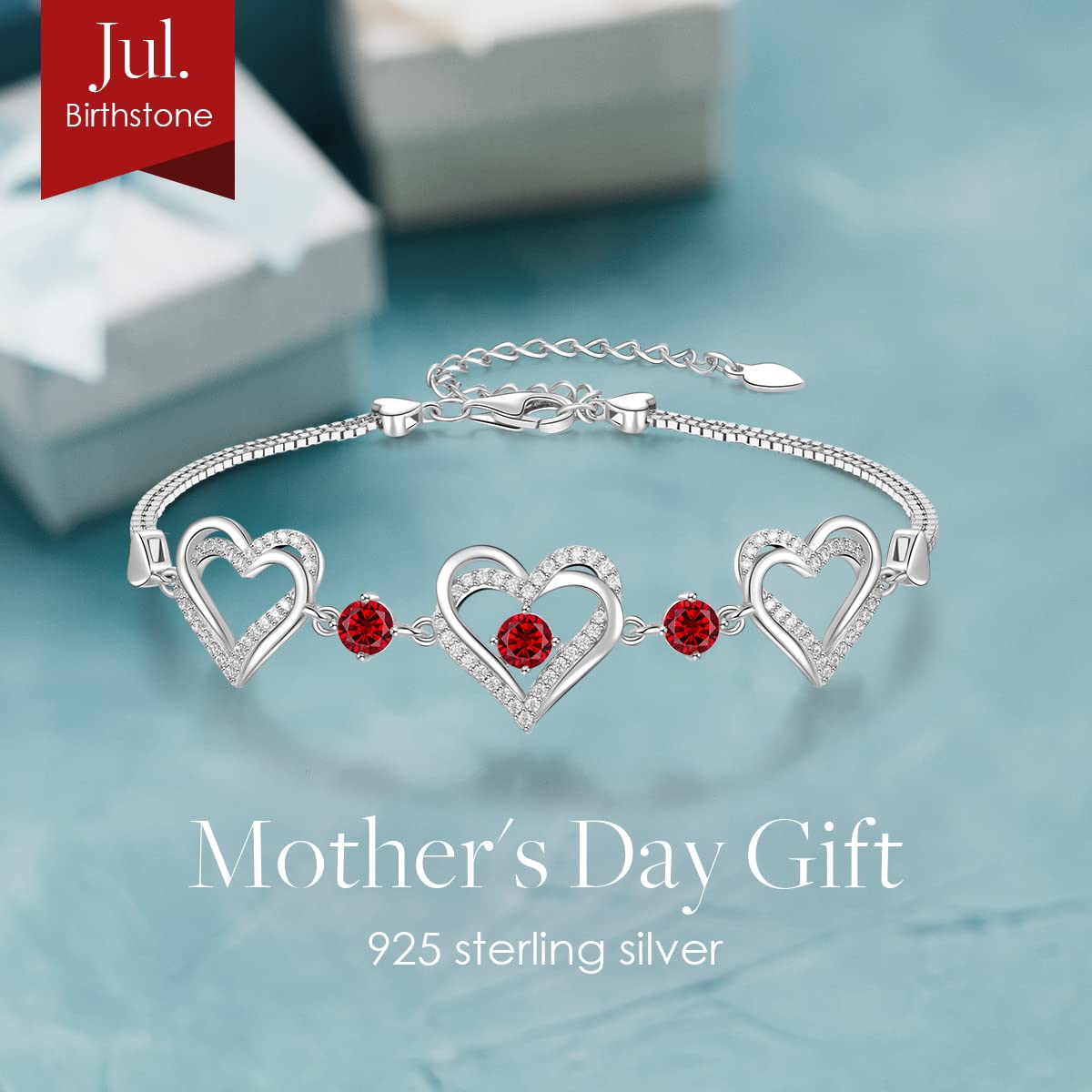 Forever Love Heart Charm Link Bracelet for Women - 925 Sterling Silver Birthstone Bracelet | Mother's Day, Anniversary, Christmas & Birthday Jewelry Gift for Wife, Girlfriend | Perfect for Date Nights, Weddings & Special Occasions