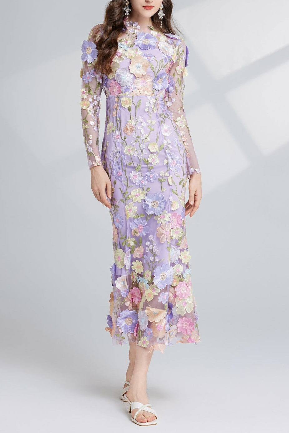 Elegant Carol Purple Floral Embroidered Mesh Long Sleeve Midi Dress for Women | Perfect for Weddings, Parties & Special Occasions