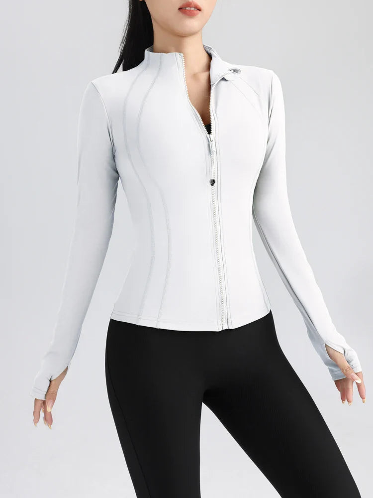 Women's Full Zip Yoga Jacket with Thumbholes - Stretch Fit Long Sleeve Workout Top for Gym, Running & Fitness - Breathable Round Neck Sportswear for Yoga, Pilates & Outdoor Activities