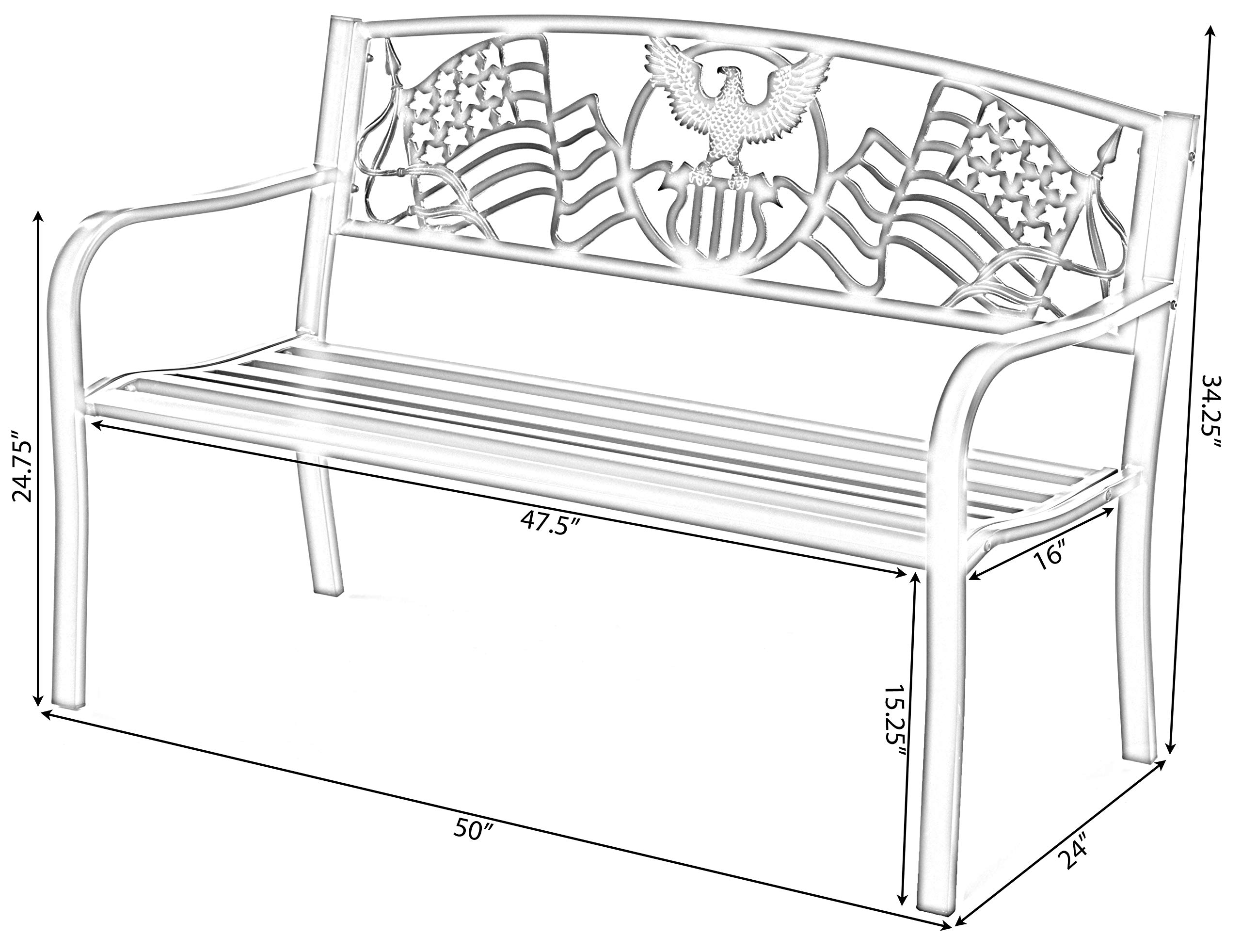 Patriotic American Flag & Eagle Backrest Steel Outdoor Bench - Heavy Duty Cast Iron Garden, Park, Porch & Lawn Seating for Decorative Patio, Yard & Outdoor Spaces