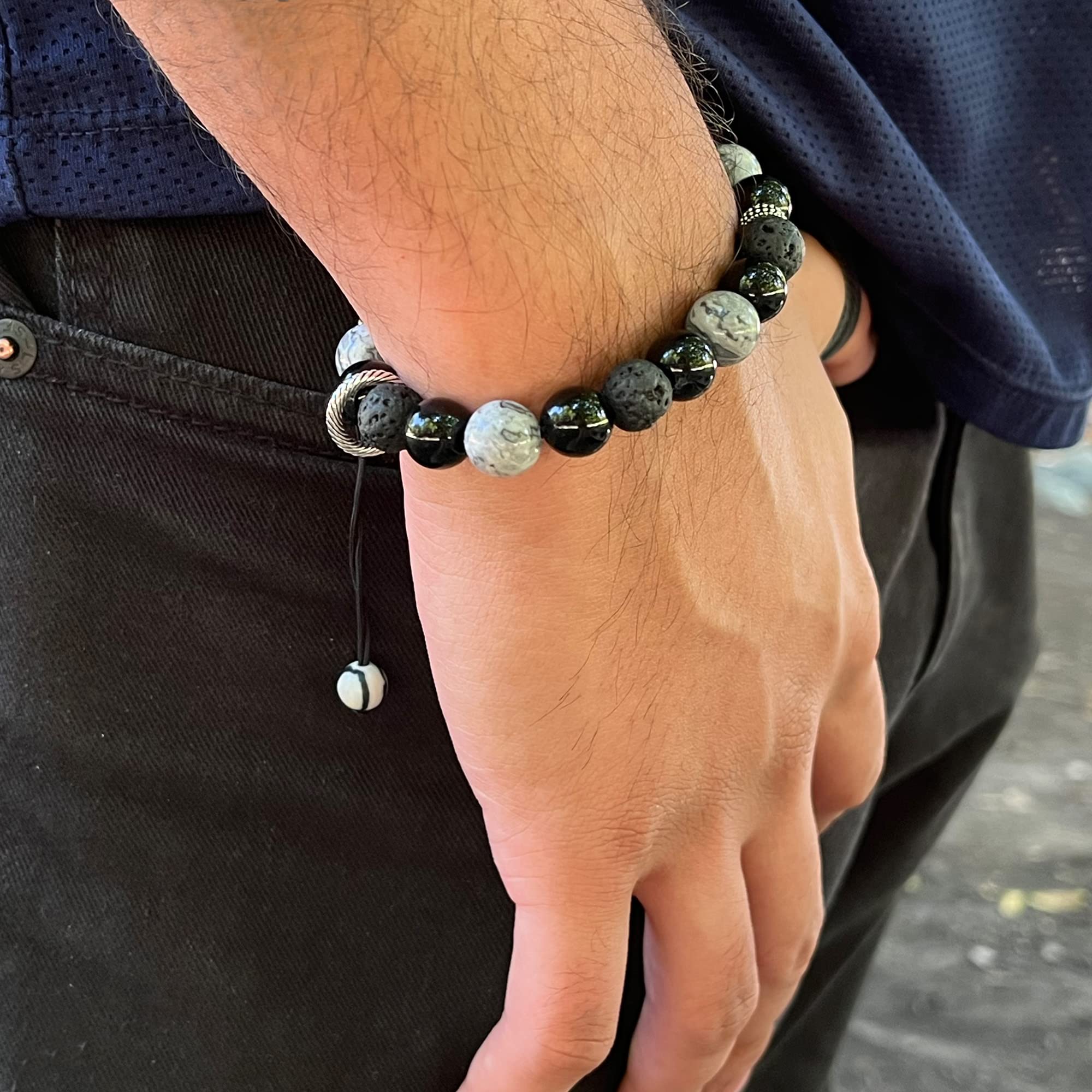 ARTSY Crafts Natural Gemstone Beads Bracelets for Men - Black Onyx Semi-Precious Stone Adjustable 7-9 Inch Wristbands, Grounding Chakra Healing Crystal Beaded Bracelet for Meditation, Anxiety Relief & Spiritual Wellness | Perfect for Yoga, Mindfulness Practice & Gift Giving