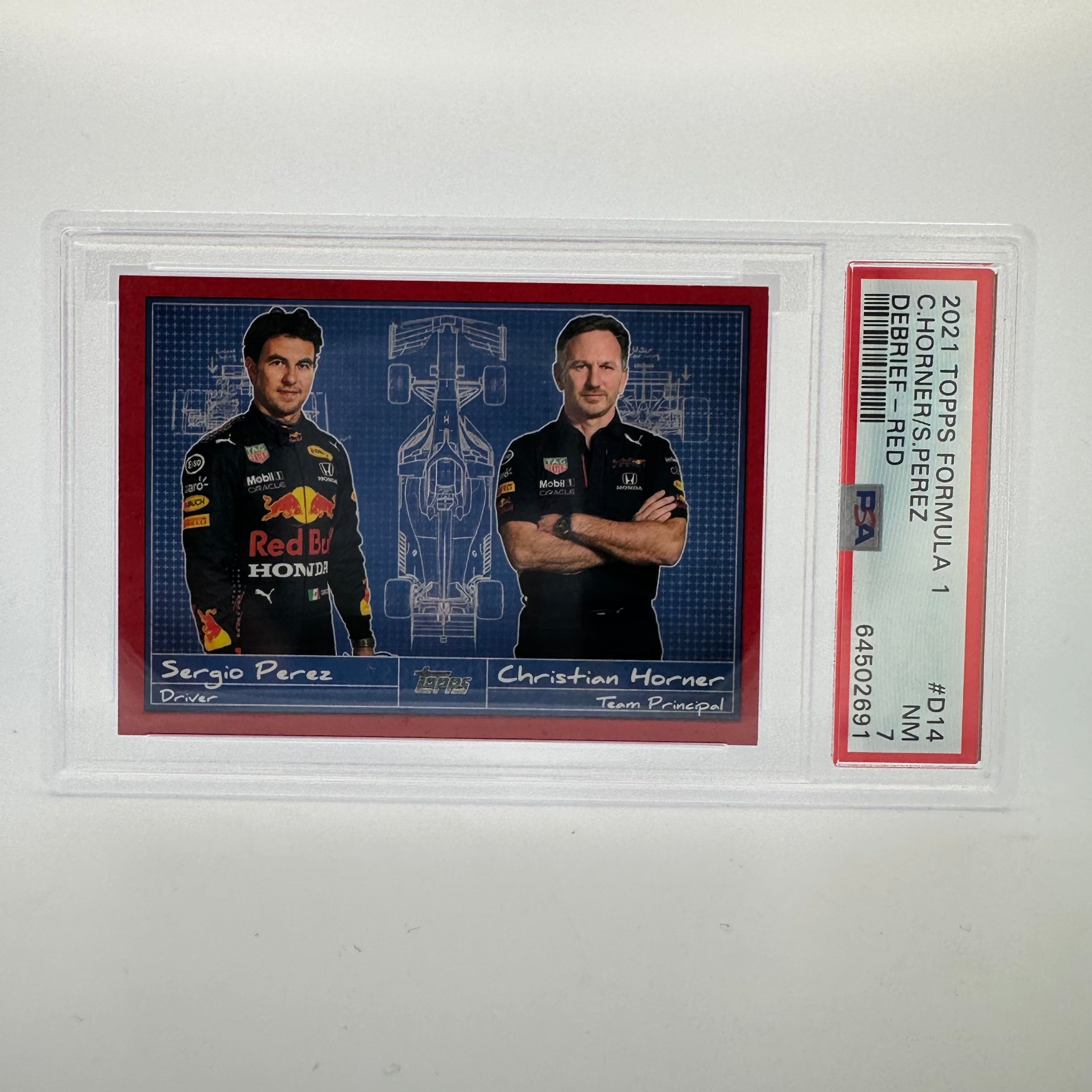 PSA 7 5/5 Sergio Perez & Christian Horner Red Bull Racing Debrief #D14 - Perfect for F1 Collectors & Motorsport Fans | Display in Home Office, Man Cave, or Sports Memorabilia Collection