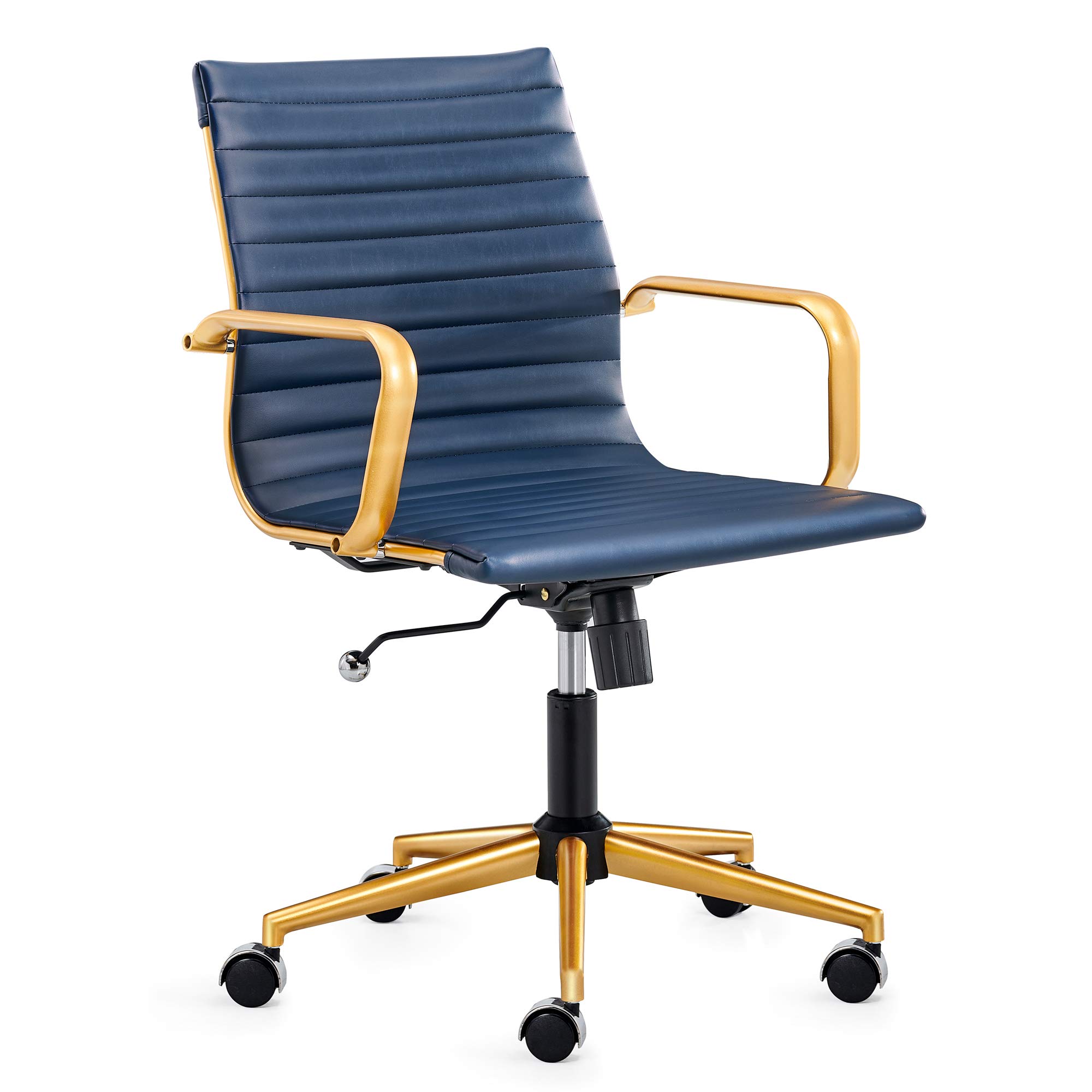 Premium Blue & Gold Leather Mid-Back Office Chair with Armrests - Ergonomic Executive Desk Chair for Back Support - Modern Swivel Chair for Home & Office Workspaces - Perfect for Professionals, Gamers & Remote Workers