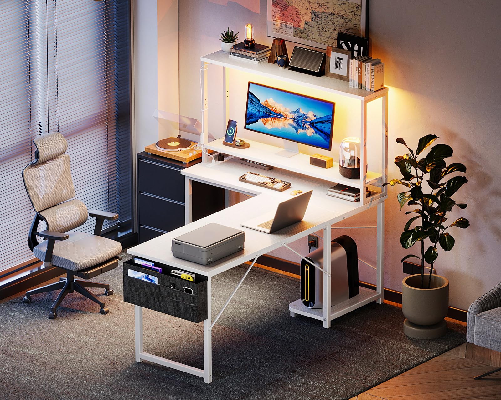 AODK 53 Inch Reversible L-Shaped Gaming Desk with LED Lights & Power Outlet - Home Office Computer Corner Desk with Storage Shelf, Bag & Hook - Perfect for Small Spaces & Multi-Monitor Setups (White)