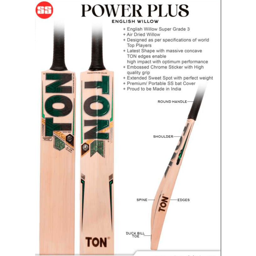 SS Ton Power Plus Adult Cricket Bat - Premium English Willow Cricket Bat for Men & Women - Perfect for Professional Matches, Training & Backyard Cricket Games