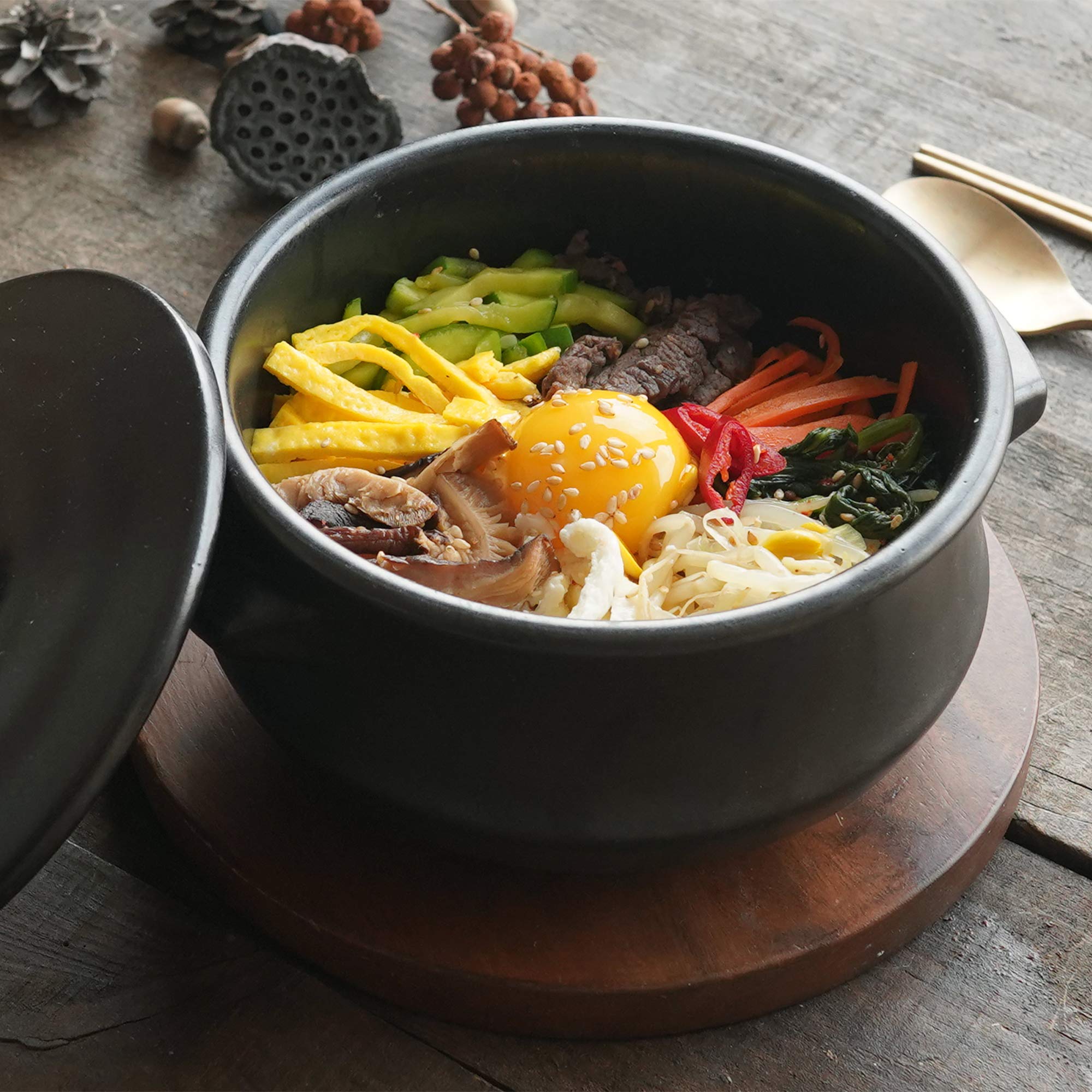 Premium Korean Stone Bowl with Lid & Platter - Authentic Clay Pot for Cooking Hot Pot, Dolsot Bibimbap, Soup & Stews | Traditional Korean Cookware for Home & Restaurant Use