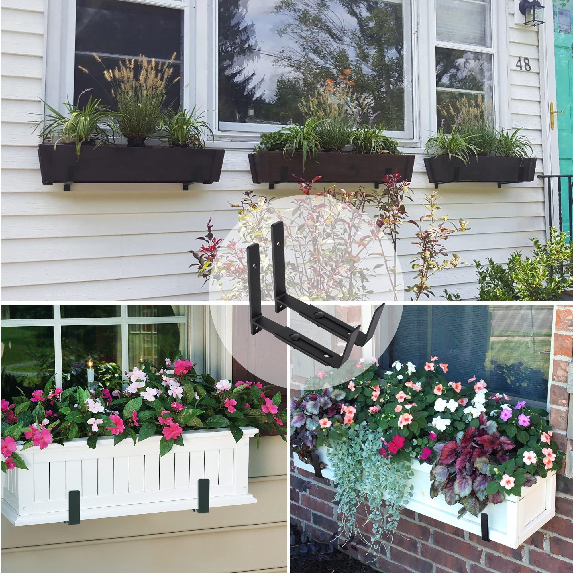 Heavy Duty Adjustable Window Planter Box Brackets 6 Pack - Black Wall Mount Flower Box Holder for 6-12 Inch Depth - Perfect for Balcony, Garden & Outdoor Decor