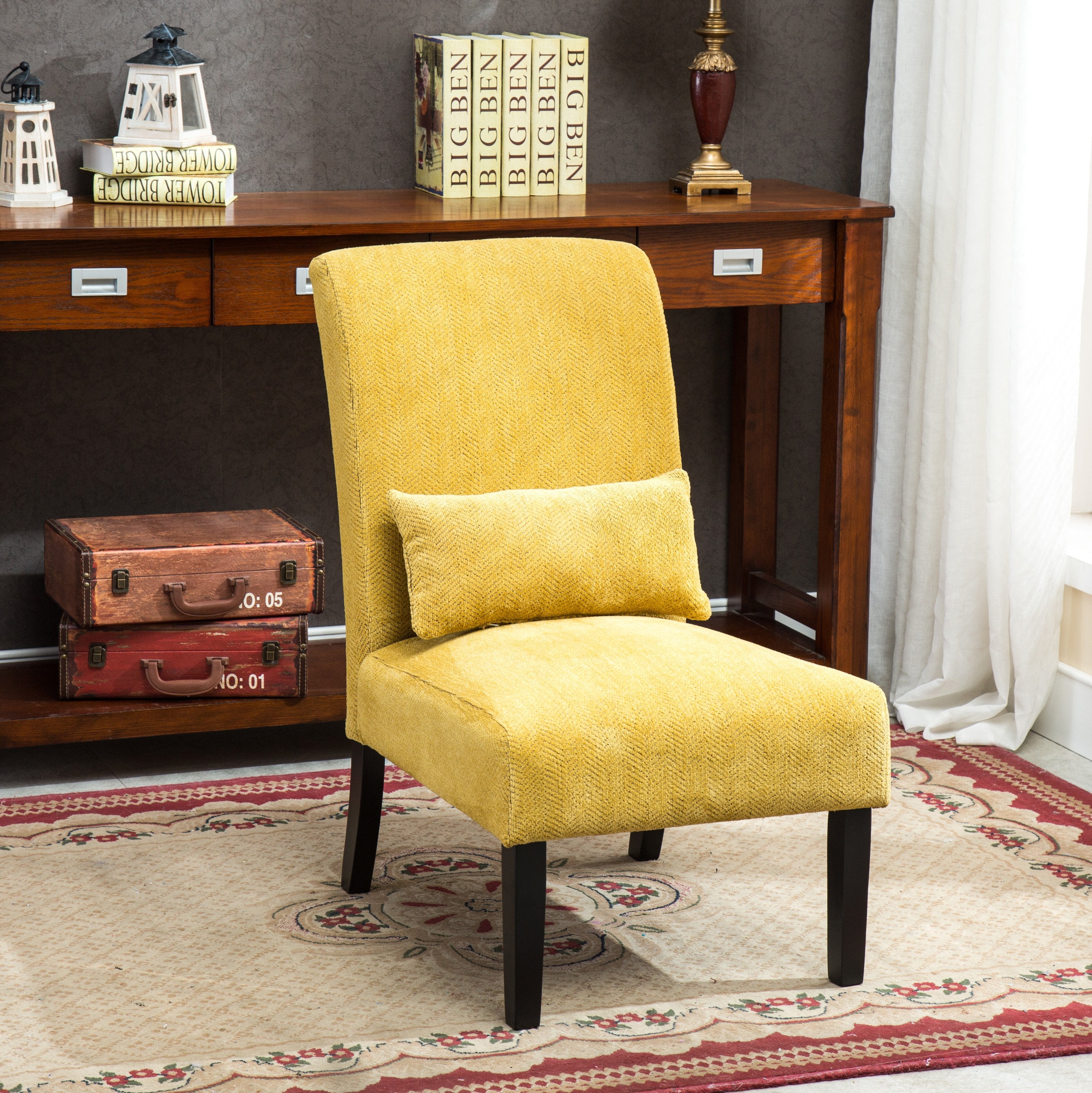 Roundhill Furniture Pisano Chenille Fabric Armless Modern Accent Chair with Matching Kidney Pillow in Yellow - Perfect for Living Room, Bedroom & Home Office Decor