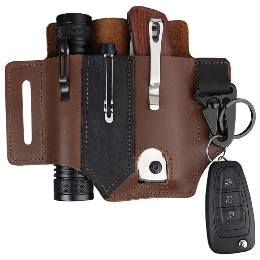 Tactical Multifunction Belt with Leather Sheath - Portable Multi-Tool Storage Bag for Hunting, Camping & Outdoor Adventures (Includes Hook)