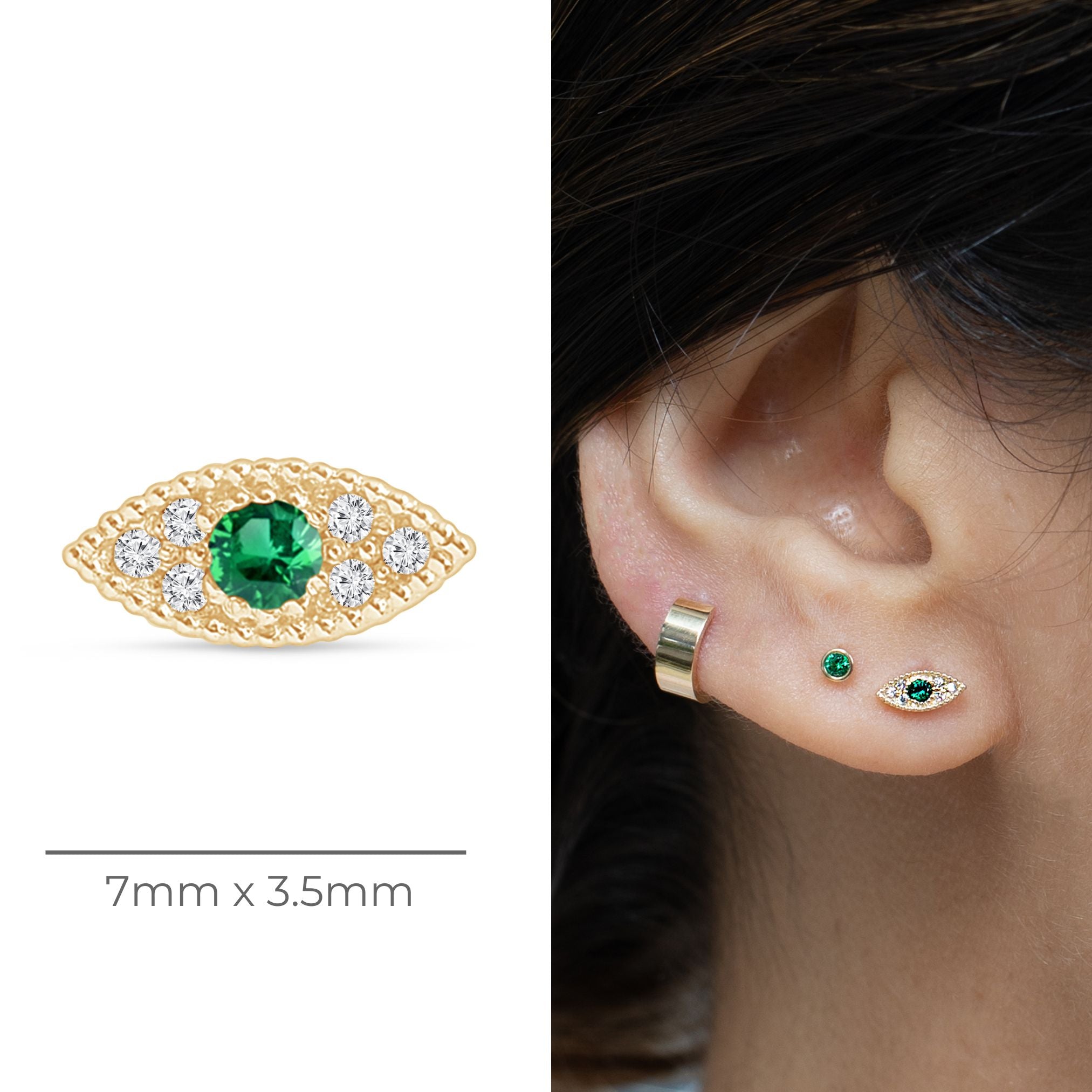 14K Yellow Gold Emerald Evil Eye Flat Back Stud Earrings for Women - Protection Jewelry for Everyday Wear & Gift Giving