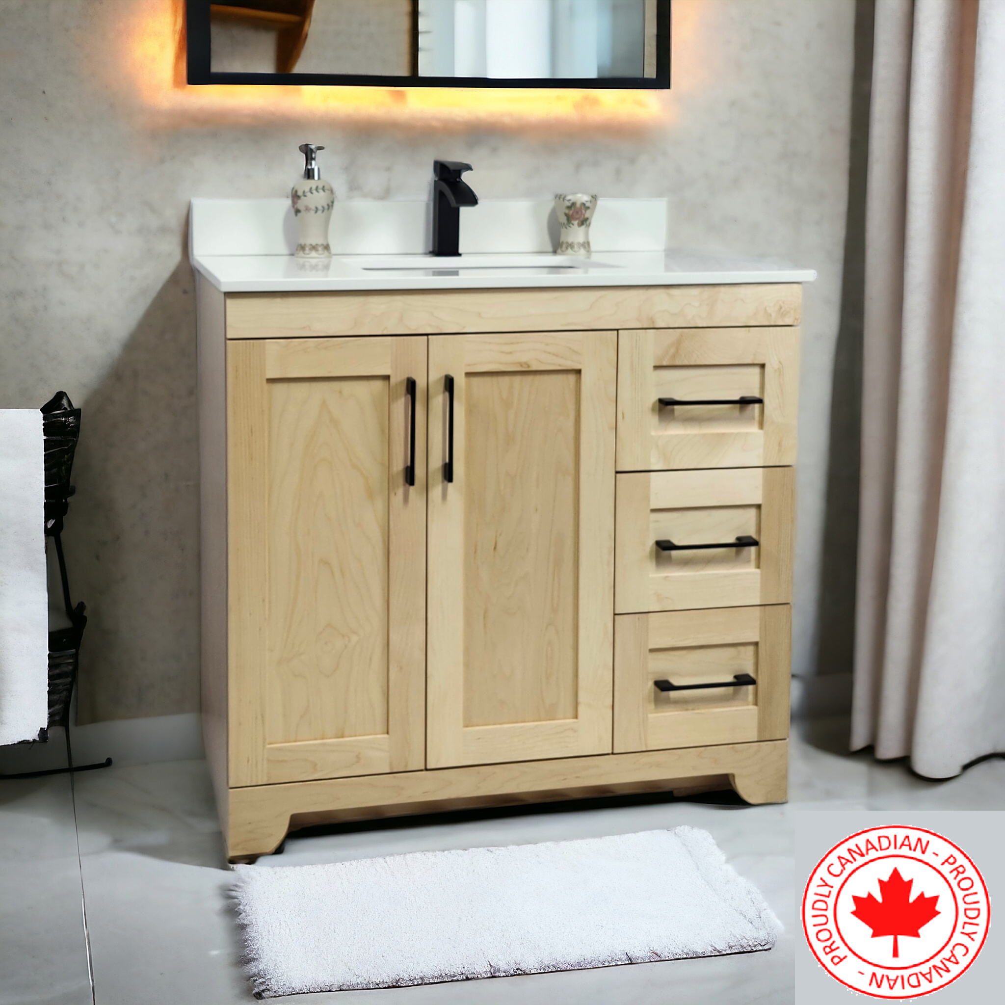 Natural Stain Bathroom Vanity with Quartz Countertop - 36