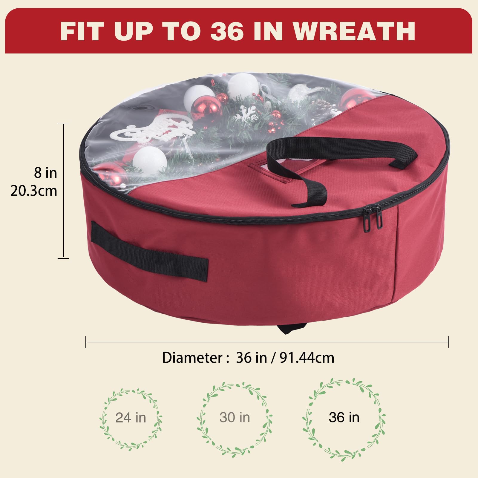600D Heavy Duty Christmas Wreath Storage Bag - 36 Inch Extra Large Wreath Organizer Box with Clear Window & 3 Handles, Dual Zipper Holiday Decoration Storage Container (Red) - Perfect for Storing Artificial Wreaths, Garlands & Seasonal Decorations Safely