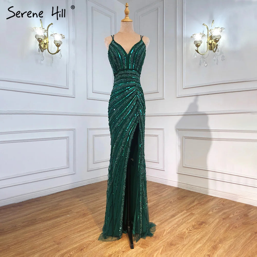 Elegant Beaded Green Spaghetti Strap Mermaid Evening Gown with High Slit for Women - 2025 Formal Party Dress LA71235 | Perfect for Prom, Wedding Guest & Cocktail Events