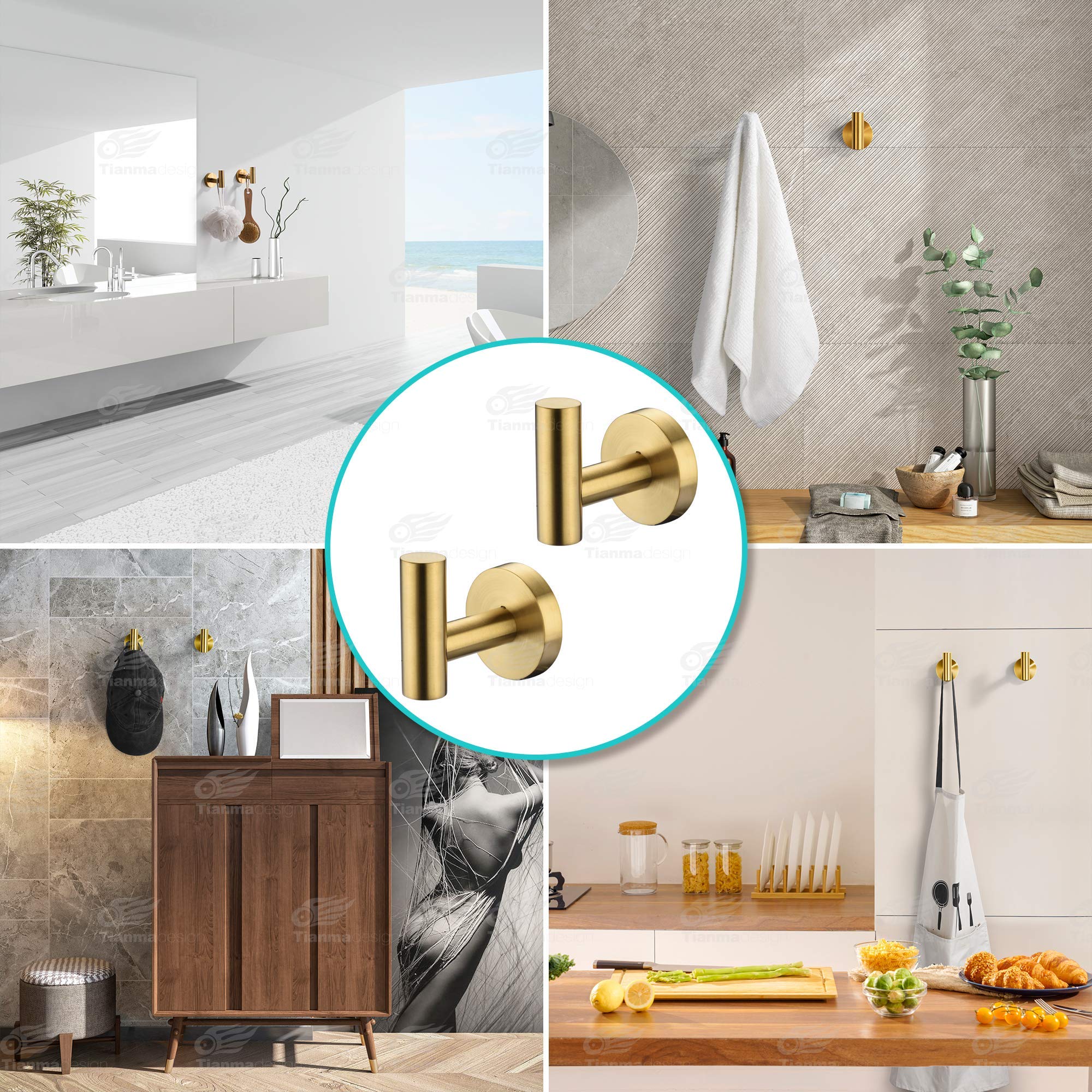 AMAZING FORCE Gold Bathroom Towel Hook - Wall Mounted Shower Towel Hanger (2 Pack) - Perfect for Bathroom, Kitchen, Laundry Room & Dorm Organization