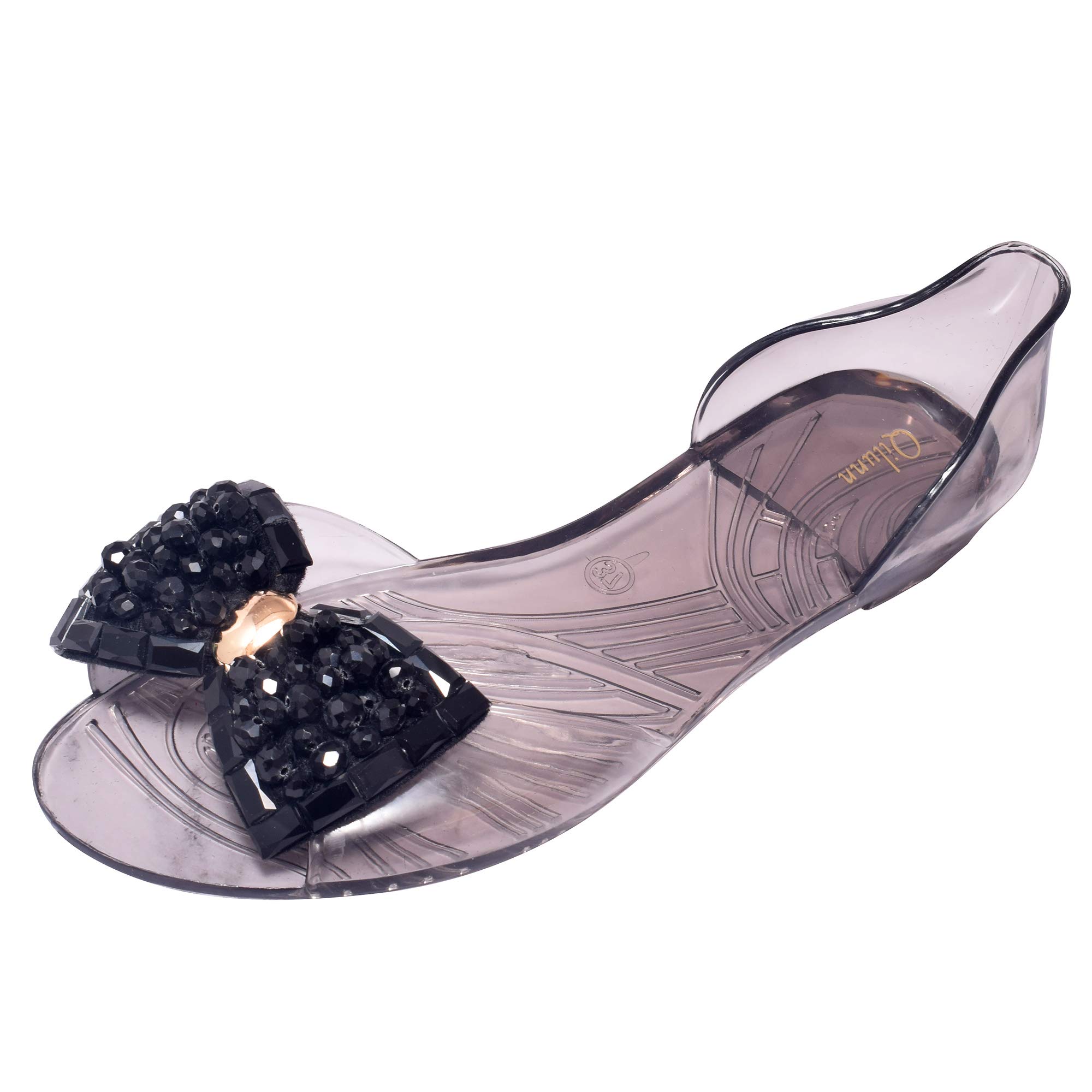 Women's Crystal Bow Pearl D'Orsay Jelly Sandals - Slip On Waterproof Rain Flats for Outdoor, Beach, and Casual Wear
