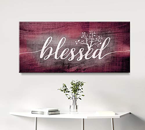 Christian Wall Art - Blessed Sign & Thankful Quotes Religious Home Decor - 42x19 Inch Wine Red Blessed Word Sign - Perfect for Church, Living Room & Bedroom Inspiration