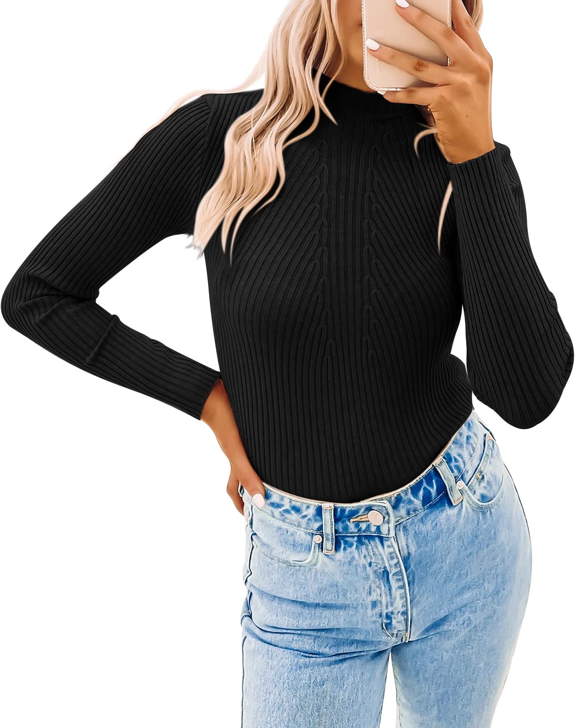 Flowyair Women's Slim Fit Lightweight Long Sleeve Mock Neck Knitted Sweater - Fall Fashion Pullover Top for Work, Casual Outfits & Layering