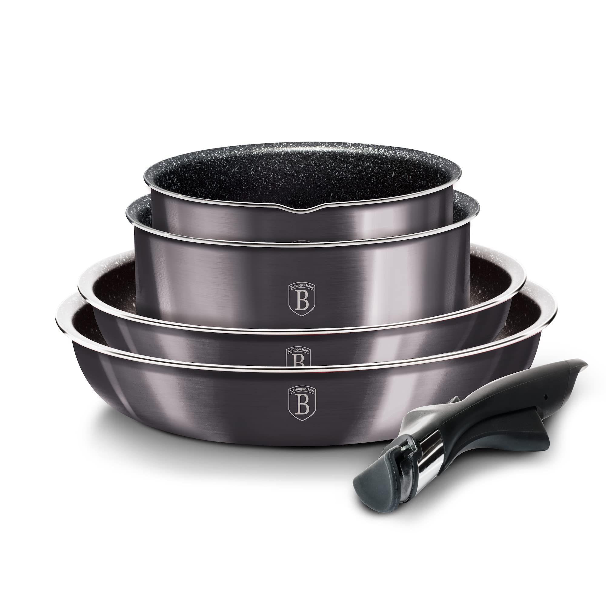 Berlinger Haus 9-Piece Nonstick Cookware Set with Detachable Ergonomic Handles & Glass Lids - Premium Pots and Pans for Everyday Cooking, Frying, Sauteing & Meal Prep