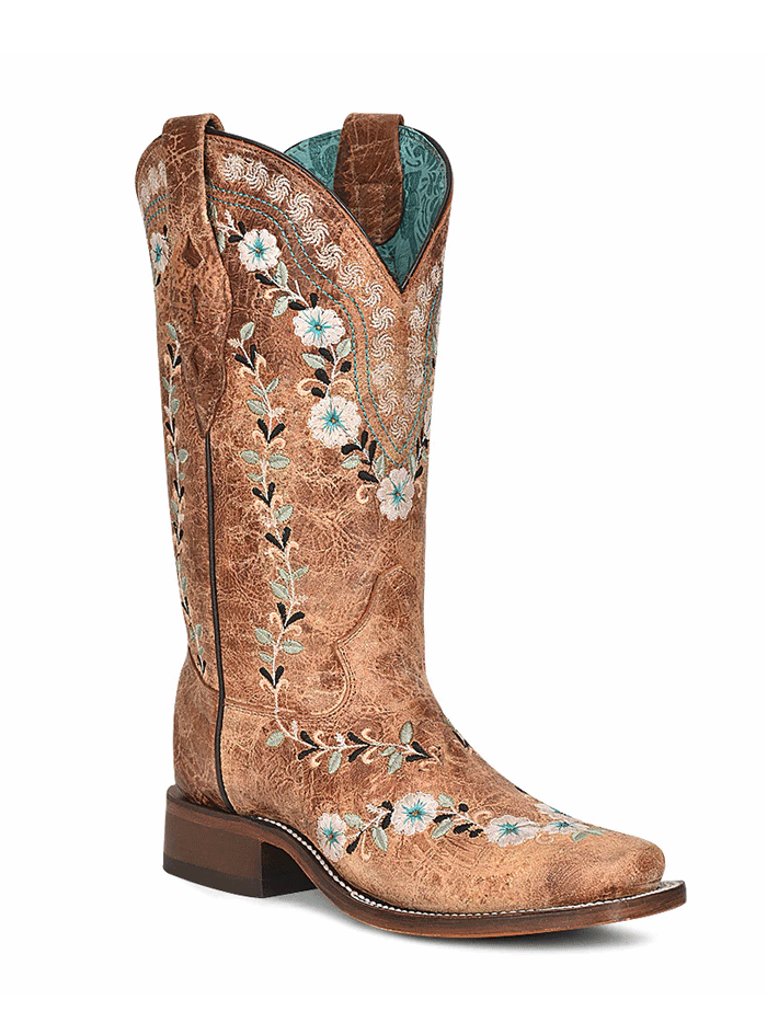 Corral A4398 Women's Floral Embroidery Western Boots - Distressed Cognac Square Toe Cowgirl Boots for Rodeo, Country Dancing & Western Fashion
