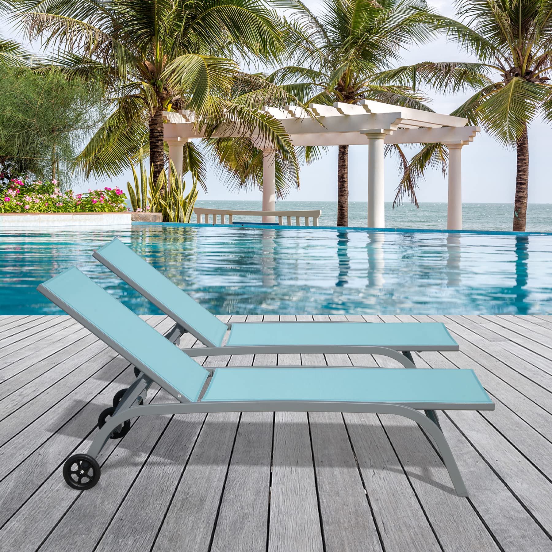 **Domi Chaise Lounge Outdoor Set of 2 - Adjustable Poolside Lounge Chairs with Wheels, 5-Position Reclining for Patio, Yard, Deck - Turquoise Blue - Perfect for Sunbathing & Relaxing by the Pool**