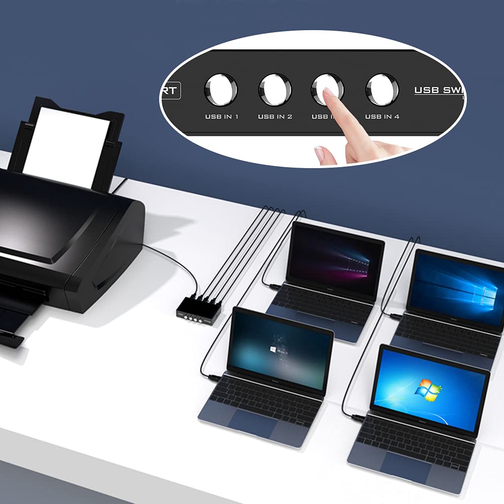 4-Port USB 2.0 Printer Sharing Switch Hub with 4 USB A to B Cables - Manual USB Switch for Multiple Printers & Scanners - Perfect for Office, Home & Small Business Setup