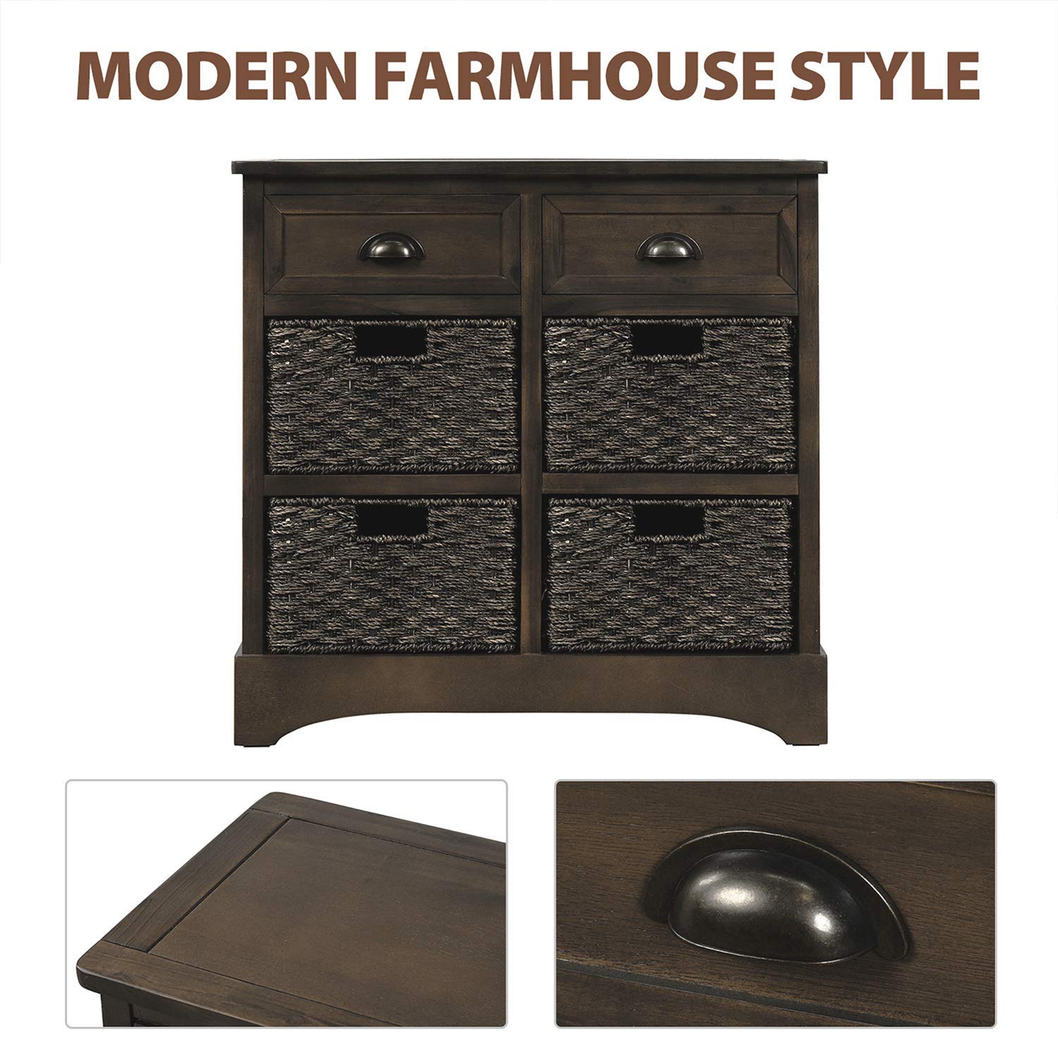 Modern Sideboard Buffet Server with 2 Drawers & 4 Wicker Baskets - Kitchen Storage Cabinet, Entryway Console Table for Dining Room & Living Room - Brown Gray Accent Furniture (Perfect for Home Organization & Entertaining)