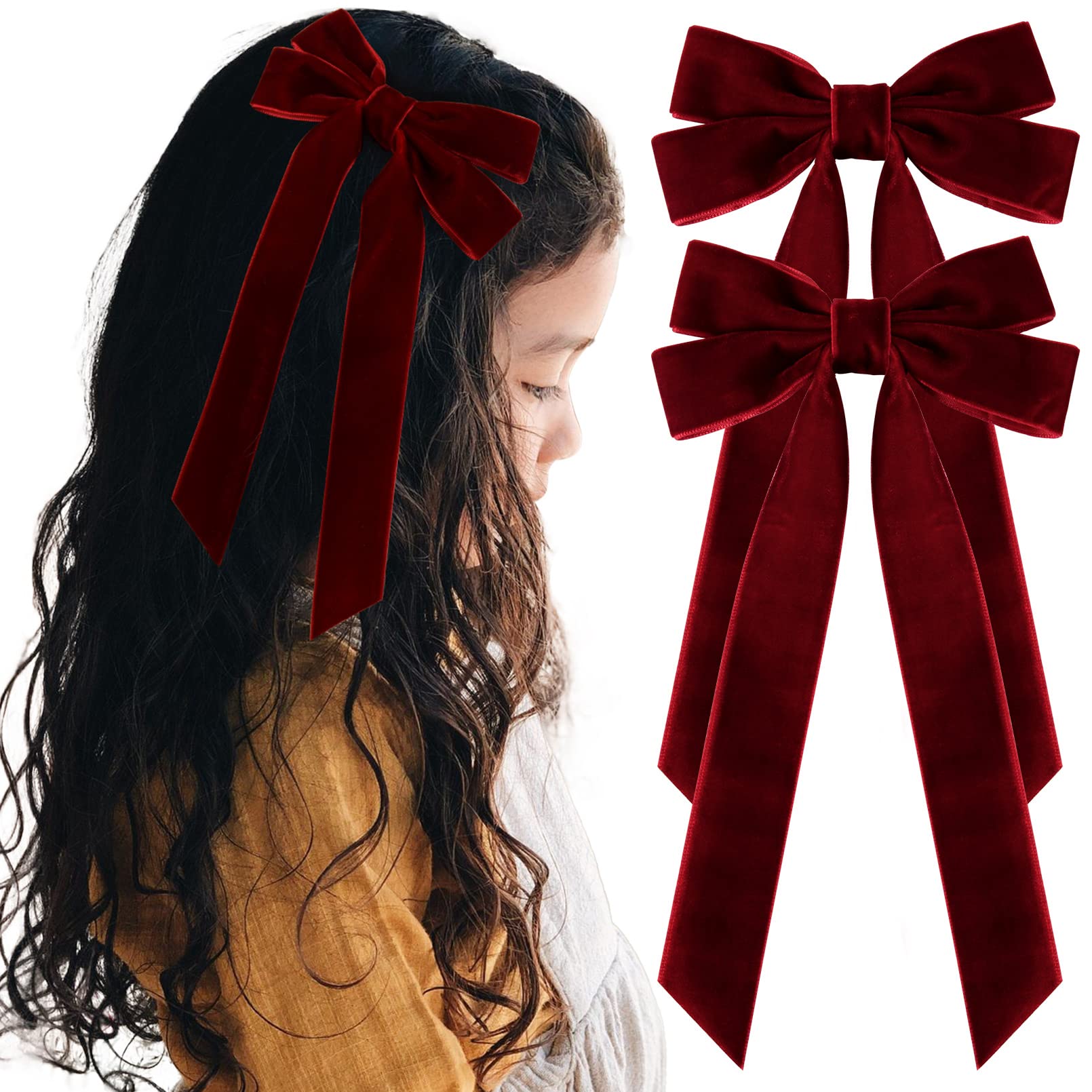 2PCS Velvet Hair Bows - Red Hair Ribbon Clips with Big Fall Alligator Clips for Women, Girls, Toddlers & Kids | Perfect for Parties, Weddings & Everyday Hair Accessories