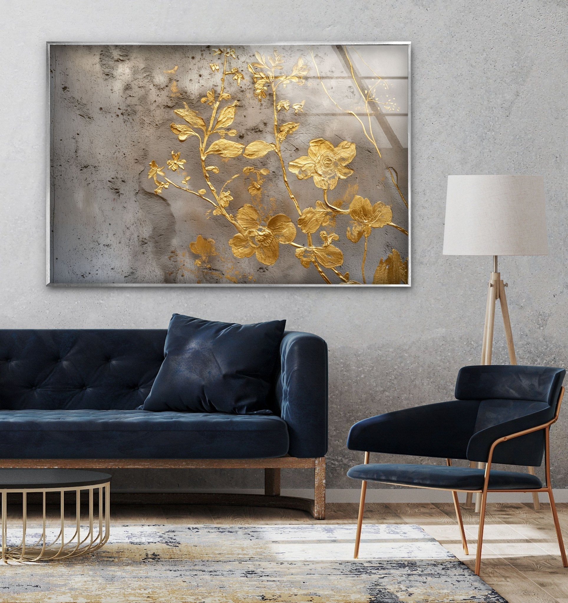 Abstract Gold Flowers Glass Wall Art - Modern Home Decor for Living Room, Bedroom, Office - Elegant Handmade Glass Painting for Wall Display