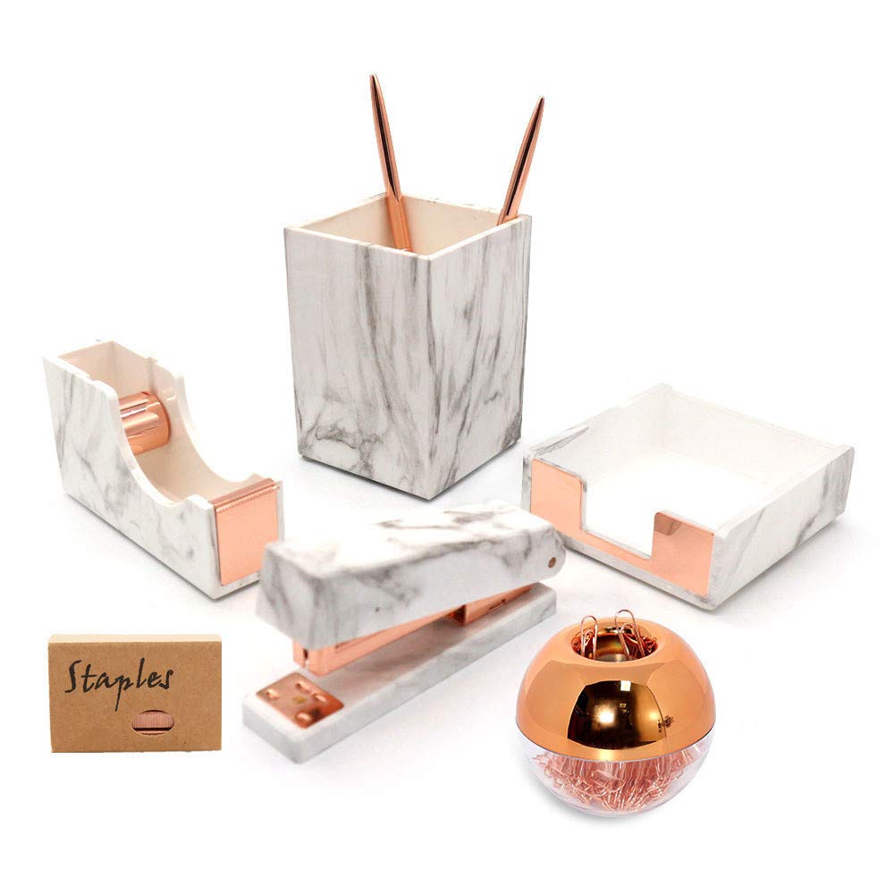 Elegant Marble & Rose Gold Desk Organizer Set - Stapler, Magnetic Paper Clip Holder, Tape Dispenser, Pen Holder, Sticky Note Organizer | Premium Office Supplies for Home & Workspace Organization